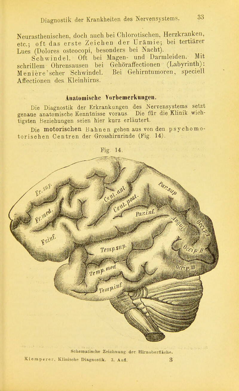 Neurasthenischen, doch auch bei Chlorotischen, Herzkranken, etc.; oft das erste Zeichen der Urämie; bei tertiärer Lues (Dolores osteocopi, besonders bei Nacht). Schwindel. Oft bei Magen- und Darmleiden. Mit schrillem Ohrensausen bei Gehöraffectionen (Labyrinth): Meniere'scher Schwindel. Bei Gehirntumoren, speciell Affectionen des. Kleinhirns. Anatomische Vorbemerkungen. Die Diagnostik der Erkrankungen des Nervensystems setzt genaue anatomische Kenntnisse voraus. Die für die Klinik wich- tigsten Beziehungen seien hier kurz erläutert. Die motorischen Bahnen gehen aus von den psychomo- torischen Centren der Grosshirnrinde (Fig 14). Fig. 14. ScheintUisolie Zeiclniunu; der Hirnoberfläohe. Klemperer, Klinische Diagnostik. Aufl. 3