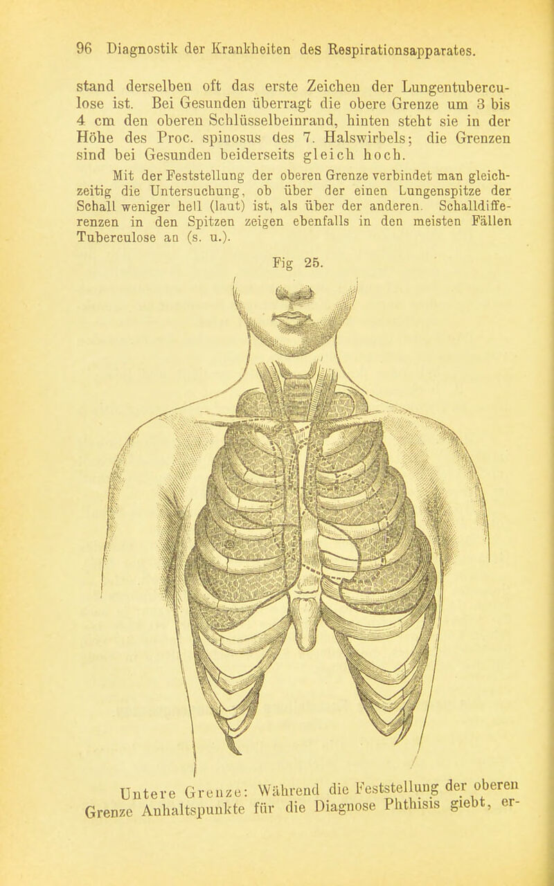 stand derselben oft das erste Zeichen der Lungentubercu- lose ist. Bei Gesunden überragt die obere Grenze um 3 bis 4 cm den oberen Schlüsselbeinrand, hinten steht sie in der Höhe des Proc. spinosus des 7. Halswirbels; die Grenzen sind bei Gesunden beiderseits gleich hoch. Mit der Feststellung der oberen Grenze verbindet man gleich- zeitig die Untersuchung, ob über der einen Lungenspitze der Schall weniger hell (laut) ist, als über der anderen. Schalldiffe- renzen in den Spitzen zeigen ebenfalls in den meisten Fällen Tuberculose an (s. u.). Fig 25. Untere Grenze: Während die Feststellung der oberen Grenze Anhaltspunkte für die Diagnose Phthisis giebt, er-