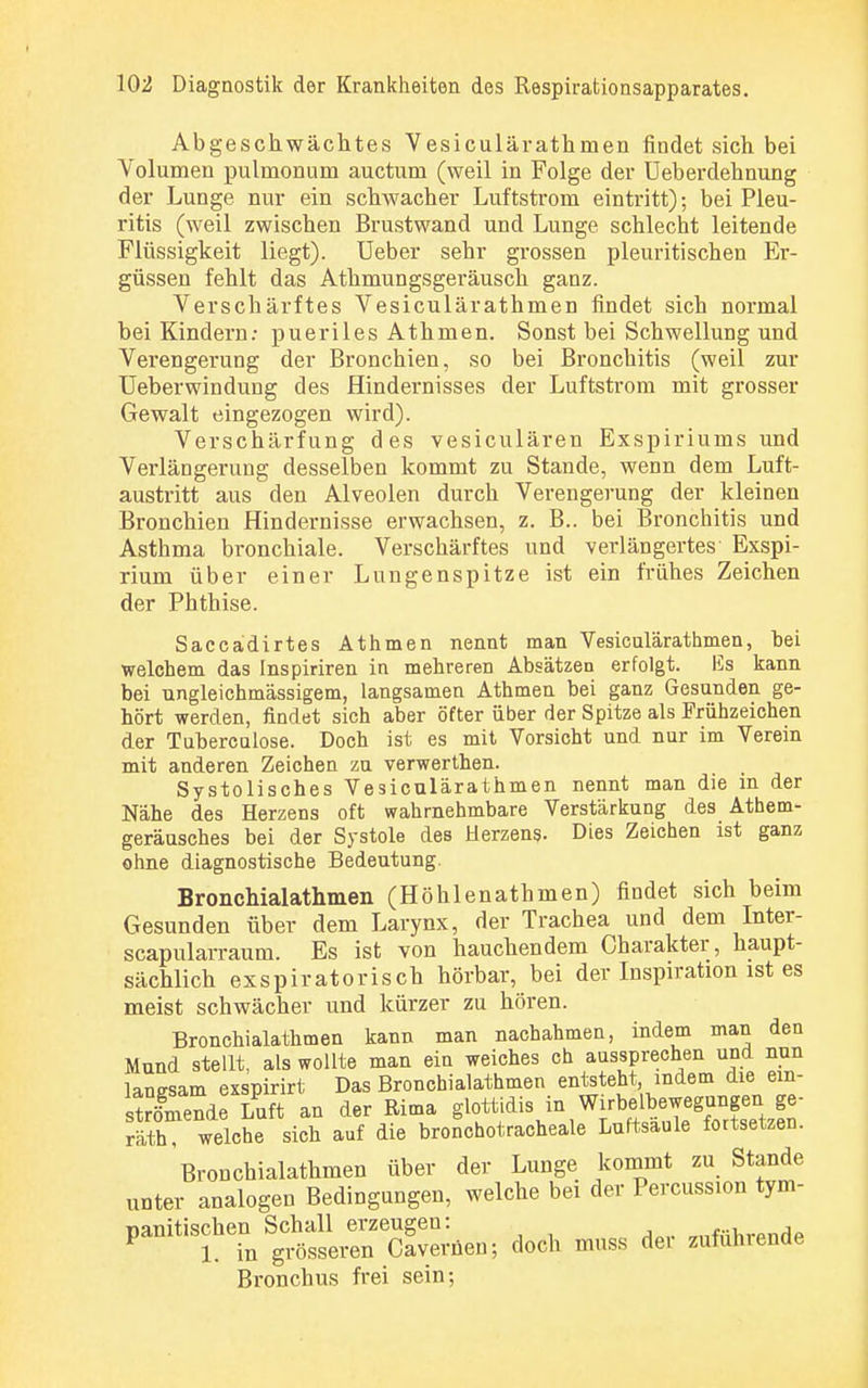 Abgeschwächtes Vesiculärathmen findet sich bei Volumen pulmonum auctum (weil in Folge der Ueberdehnung der Lunge nur ein schwacher Luftstrom eintritt); bei Pleu- ritis (weil zwischen Brustwand und Lunge schlecht leitende Flüssigkeit liegt). Ueber sehr grossen pleuritischen Er- güssen fehlt das Athmungsgeräusch ganz. Verschärftes Vesiculärathmen findet sich normal bei Kindern: pueriles Athmen. Sonst bei Schwellung und Verengerung der Bronchien, so bei Bronchitis (weil zur Ueberwindung des Hindernisses der Luftstrom mit grosser Gewalt eingezogen wird). Verschärfung des vesiculären Exspiriums und Verlängerung desselben kommt zu Stande, wenn dem Luft- austritt aus den Alveolen durch Verengerung der kleinen Bronchien Hindernisse erwachsen, z. B.. bei Bronchitis und Asthma bronchiale. Verschärftes und verlängertes Exspi- rium über einer Lungenspitze ist ein frühes Zeichen der Phthise. Saccadirtes Athmen nennt man Vesiculärathmen, hei welchem das Inspiriren in mehreren Absätzen erfolgt. Es kann bei ungleichmässigem, langsamen Athmen bei ganz Gesunden ge- hört werden, findet sich aber öfter über der Spitze als Frühzeichen der Tuberculose. Doch ist es mit Vorsicht und nur im Verein mit anderen Zeichen zu verwerthen. Systolisches Vesiculärathmen nennt man die in der Nähe des Herzens oft wahrnehmbare Verstärkung des Athem- geräusches bei der Systole des Herzens. Dies Zeichen ist ganz ohne diagnostische Bedeutung. Bronchialathmen (Höhlenathmen) findet sich beim Gesunden über dem Larynx, der Trachea und dem Inter- scapularraum. Es ist von hauchendem Charakter, haupt- sächlich exspiratorisch hörbar, bei der Inspiration ist es meist schwächer und kürzer zu hören. Bronchialathmen kann man nachahmen, indem man den Mund stellt, als wollte man ein weiches ch aussprechen und nun langsam exspirirt Das Bronchialathmen entsteht indem die ein- strömende Luft an der Rima glottidis in Wirbelbewegungen ge- räth welche sich auf die bronchotracheale Luftsaule fortsetzen. Bronchialathmen über der Lunge kommt zu Stande unter analogen Bedingungen, welche bei der Percussion tym- panitischen S^ü^eugen:üe^ ^ ^ ^ Bronchus frei sein;