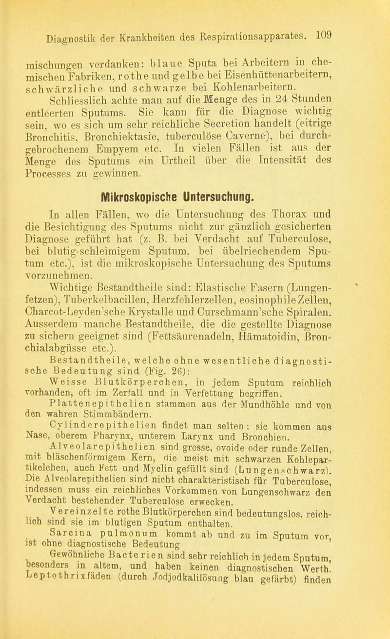 mischungen verdanken: blaue Sputa bei Arbeitern in che- mischen Fabriken, rothe und gelbe bei Eisenhüttenarbeitern, schwärzliche und schwarze bei Kohlenarbeitern. Schliesslich achte man auf die Menge des in 24 Stunden entleerten Sputums. Sie kann für die Diagnose wichtig sein, wo es sich um sehr reichliche Secretion handelt (eitrige Bronchitis, Bronchiektasie, tuberculöse Caverne), bei durch- gebrochenem Empyem etc. In vielen Fällen ist aus der Menge des Sputums ein ürtheil über die Intensität des Processes zu gewinnen. Mikroskopische Untersuchung. In allen Fällen, wo die Untersuchung des Thorax und die Besichtigung des Sputums nicht zur gänzlich gesicherten Diagnose geführt hat (z. B. bei Verdacht auf Tuberculöse, bei blutig-schleimigem Sputum, bei übelriechendem Spu- tum etc.), ist die mikroskopische Untersuchung des Sputums vorzunehmen. Wichtige Bestandtheile sind: Elastische Fasern (Lungen- fetzen), Tuberkelbacillen, Herzfehlerzellen, eosinophile Zellen, Charcot-Leyden'sche Krystalle und Curschmann'sche Spiralen. Ausserdem manche Bestandtheile, die die gestellte Diagnose zu sichern geeignet sind (Fettsäurenadeln, Hämatoidin, Bron- chialabgüsse etc.). Bestandtheile, welche ohne wesentliche diagnosti- sche Bedeutung sind (Fig. 26): Weisse Blutkörperchen, in jedem Sputum reichlich vorhanden, oft im Zerfall und in Verfettung begriffen. Plattenepithelien stammen aus der Mundhöhle und von den wahren Stimmbändern. Cylinderepithelien findet man selten: sie kommen aus Nase, oberem Pharynx, unterem Larynx und Bronchien. Alveolarepithelien sind grosse, ovoide oder runde Zellen, mit bläschenförmigem Kern, die meist mit schwarzen Kohlepar- tikelchen, auch Fett und Myelin gefüllt sind (Lungenschwarz). Die Alveolarepithelien sind nicht charakteristisch für Tuberculöse, indessen muss ein reichliches Vorkommen von Lungenschwarz den Verdacht bestehender Tuberculöse erwecken. Vereinzelte rothe Blutkörperchen sind bedeutungslos, reich- lich sind sie im blutigen Sputum enthalten. Sarcina pulmonum kommt ab und zu im Sputum vor ist ohne diagnostische Bedeutung Gewöhnliche Bacterien sind sehr reichlich in jedem Sputum, besonders in altem, und haben keinen diagnostischen Werth' Leptothrixfäden (durch Jodjodkalilösung blau gefärbt) finden