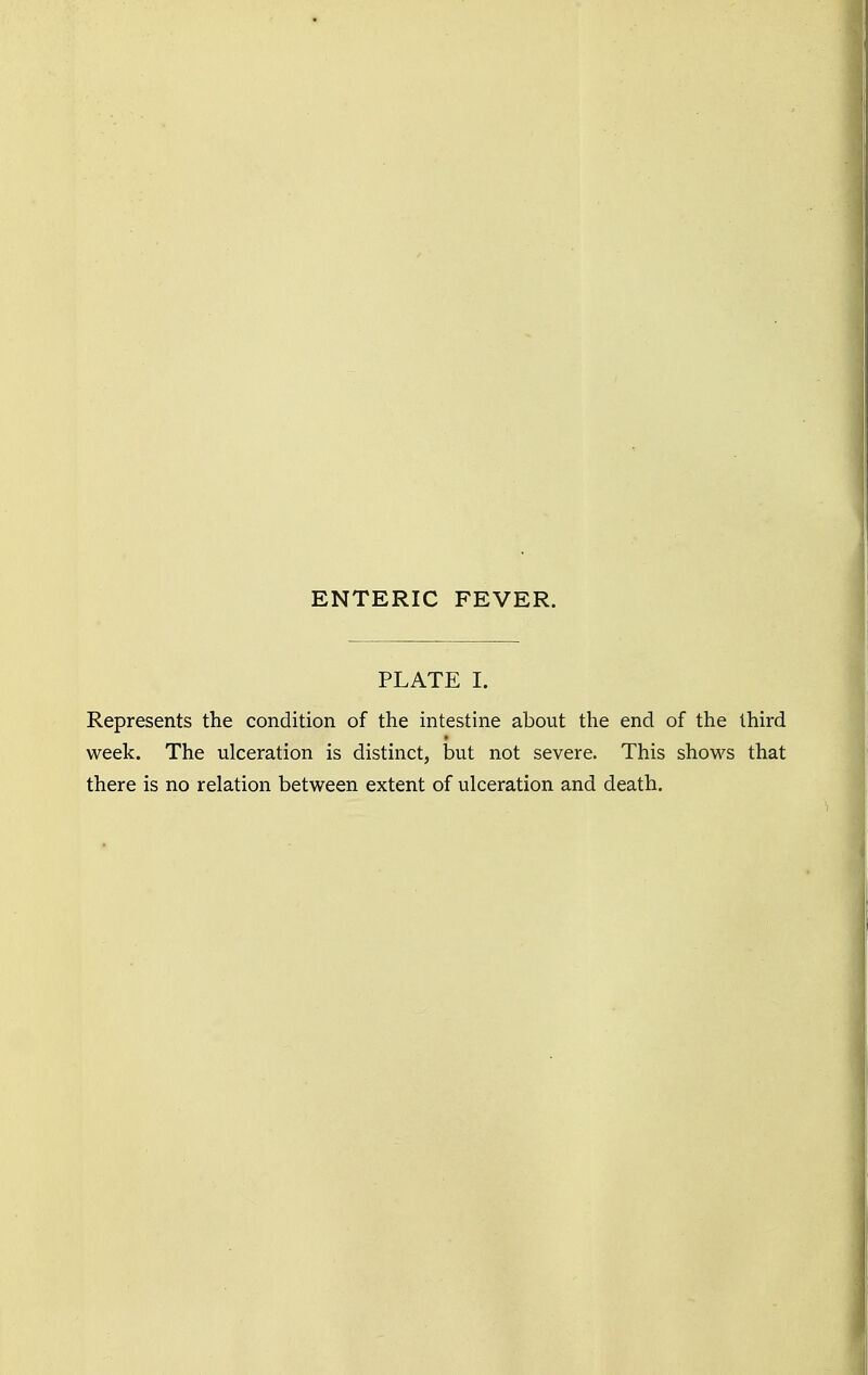 PLATE I. Represents the condition of the intestine about the end of the third week. The ulceration is distinct, but not severe. This shows that there is no relation between extent of ulceration and death.