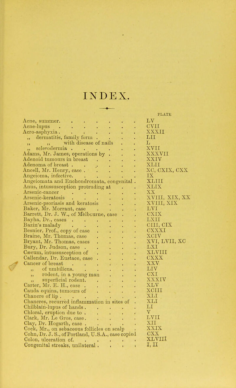 INDEX —♦— PLATK Acne, summer LV Acne-lupus CVII Acro-asphyxia XXXII „ dermatitis, family form .... LII ,, ,, with disease of nails . . L ,, sclevodermia XVII Adams, Mr. James, operations by . . . XXXVII Adenoid tumours in breast .... XXIV Adenoma of breast XLII AnceU, Mr. Henry, case XC, CXIX, CXX Angeioma, infective IX Angeiomata and Enchondromata, congenital . XLIII Anus, intussusception protruding at . . XLIX Arsenic-cancer XX Arsenic-keratosis XVIII, XIX, XX Arsenic-psoriasis and keratosis . . . XVIII, XIX Baker, Mr. Morrant, case .... LVI Barrett, Dr. J. W., of Melbourne, case . . CXIX Bayha, Dr., cases LXII Bazin's malady CIII, CIX Besnier, Prof., copy of case .... CXXXI Braine, Mr. Thomas, case .... XCIV Bryant, Mr. Thomas, cases .... XVI, LVII, XC Bury, Dr. Judson, case LXI Ceecum, intussusception of ... . XLVIII Callendar, Dr. Eustace, case .... CXXX Cancer of breast XXV ,, of umbilicus LIV ,, rodent, in a young man . . . CXI ,, superficial rodent XXXIV Carter, Mr. E. H., case XLV Cauda equina, tumours of ... . XCIII Chancre of lip . . . . , . . XLI Chancres, recurred inflammation in sites of . XLI Chilblain-lupus of hands LI Chloral, eruption due to V Clark, Mr. Le Gros, case LVII Clay, Dr. Hogarth, case XII Cock, Mr., on sebaceous follicles on scalp . XXIX Cohn, Dr. J. S., of Portland, U.S.A., case copied CXX Colon, ulceration of. XLVIII
