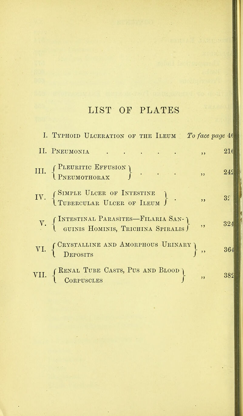 LIST OF PLATES ill I. Typhoid Ulceration of the Ileum II. Pneumonia c Pleuritic Effusion ~i I Pneumothorax To face page 4( 21( 245 j Simple Ulcer of Intestine ITi 'ubercular ulcer of ileum j Intestinal Parasites—Filaria San- i guinis Hominis, Trichina Spiralis/ 324 VI. VII. c Crystalline and Amorphous Urinary I Deposits r Renal Tube Casts, Pus and Blood k A Corpuscles J 364