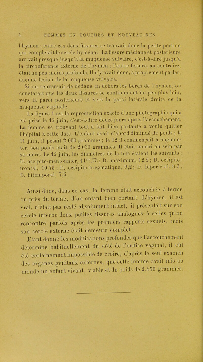 l'hymen ; entre ces deux fissures se trouvait donc la petite portion qui complétaitle cercle hyinénal. Lafissure médiane et postérieure arrivait presque jusqu'à la muqueuse vulvaire, c'est-à-dire jusqu'à la circonférence externe de l'hymen ; l'autre fissure, au contraire, était un peu moins profonde. Il n'y avait donc, à proprement parler, aucune lésion de la'muqueuse vulvaire. Si on renversait de dedans en dehors les bords de l'hymen, on constatait que les deux fissures se continuaient un peu plus loin, vers la paroi postérieure et vers la paroi latérale droite de la muqueuse vaginale. La figure 1 est la reproduction exacte d'une photographie qui a été prise le 12 juin, c'est-à-dire douze jours après l'accouchement. La femme se trouvant tout à fait bien portante a voulu quitter l'hôpital à cette date. L'enfant avait d'abord diminué de poids ; le 11 juin, il pesait 2.000 grammes ; le 12 il commençait à augmen- ter, son poids était de 2.0:-i0 grammes. Il était nourri au sein par sa mère. Le 12 juin, les diamètres de la lêteétaient les suivants : D. occipito-mentonnier, ll'-,7o; D. maximum, 12,2; D. occipito- frontal, 10,7o ; D. occipito-bregmatique, 9,2; D. bipariétal, 8,3; D. bitemporal. 7,o. Ainsi donc, dans ce cas, la femme était accouchée à terme ou près du terme, d'un enfant bien portant. L'hymen, il est vrai, n'était pas resté absolument intact, il présentait sur son cercle interne deux petites fissures analogues à celles qu'on rencontre parfois après les premiers rapports sexuels, mais son cercle externe était demeuré complet. Etant donné les modifications profondes que l'accouchement détermine habituellement du côté de l'orifice vaginal, il eût été certainement impossible de croire, d'après le seul examen des organes génitaux externes, que cette femme avait mis au monde un enfant vivant, viable et du poids de 2.450 grammes.