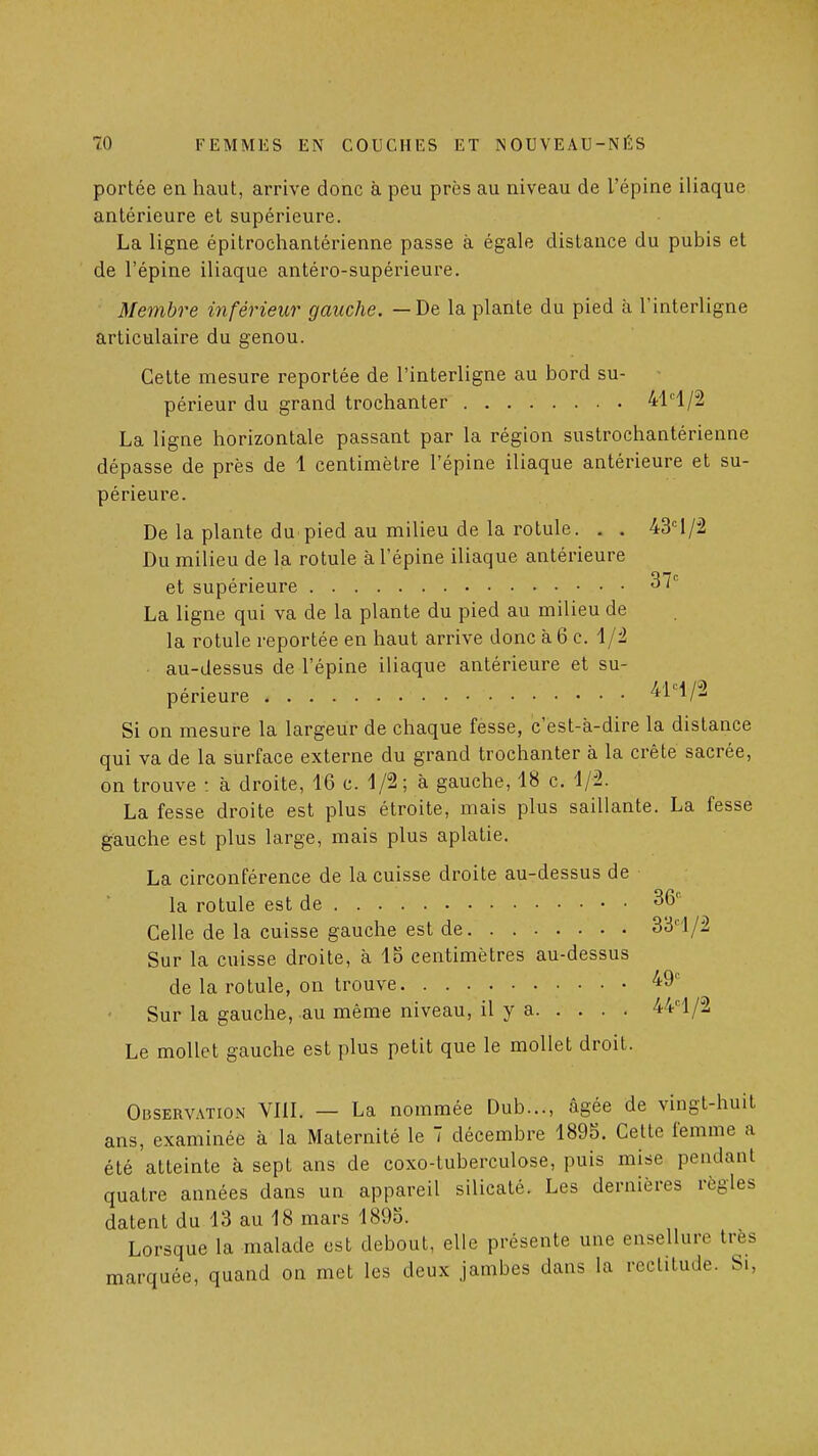 portée en haut, arrive donc à peu près au niveau de l'épine iliaque antérieure et supérieure. La ligne épitrochantérienne passe à égale distance du pubis et de l'épine iliaque antéro-supérieure. Membre inférieur gauche. — De la plante du pied à l'interligne articulaire du genou. Celte mesure reportée de l'interligne au bord su- périeur du grand trochanter 41''l/2 La ligne horizontale passant par la région sustrochantérienne dépasse de près de 1 centimètre l'épine iliaque antérieure et su- périeure. De la plante dU'pied au milieu de la rotule. . . 434/2 Du milieu de la rotule à l'épine iliaque antérieure et supérieure 37^ La ligne qui va de la plante du pied au milieu de la rotule reportée en haut arrive donc à 6 c. \ ji au-dessus de l'épine iliaque antérieure et su- perieure ^1-' Si on mesure la largeur de chaque fesse, c'est-à-dire la distance qui va de la surface externe du grand trochanter à la crête sacrée, on trouve : à droite, 16 c. 1/2; à gauche, 18 c. 1/2. La fesse droite est plus étroite, mais plus saillante. La fesse gauche est plus large, mais plus aplatie. La circonférence de la cuisse droite au-dessus de la rotule est de 36'' Celle de la cuisse gauche est de 334/2 Sur la cuisse droite, à 15 centimètres au-dessus de la rotule, on trouve '^9' Sur la gauche, au même niveau, il y a 444/2 Le mollet gauche est plus petit que le mollet droit. Observation VllI. — La nommée Dub..., âgée de vingt-huit ans, examinée à la Maternité le 7 décembre 189S. Cette femme a été atteinte à sept ans de coxo-tuberculose, puis mise pendant quatre années dans un appareil silicaté. Les dernières règles datent du 13 au 18 mars 189o. Lorsque la malade est debout, elle présente une ensellure très marquée, quand on met les deux jambes dans la rectitude. Si,