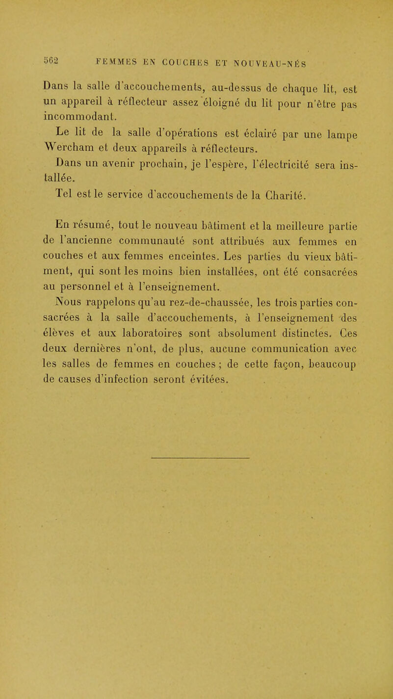 Dans la salle d'accouchements, au-dessus de chaque lit, est un appareil à réflecteur assez éloigné du lit pour n'être pas incommodant. Le lit de la salle d'opérations est éclairé par une lampe Wercham et deux appareils à réflecteurs. Dans un avenir prochain, je l'espère, l'électricité sera ins- tallée. Tel est le service d'accouchements de la Charité. En résumé, tout le nouveau bâtiment et la meilleure partie de l'ancienne communauté sont attribués aux femmes en couches et aux femmes enceintes. Les parties du vieux bâti- ment, qui sont les moins bien installées, ont été consacrées au personnel et à l'enseignement. Nous rappelons qu'au rez-de-chaussée, les trois parties con- sacrées à la salle d'accouchements, à l'enseignement des élèves et aux laboratoires sont absolument distinctes. Ces deux dernières n'ont, de plus, aucune communication avec les salles de femmes en couches ; de cette façon, beaucoup de causes d'infection seront évitées.