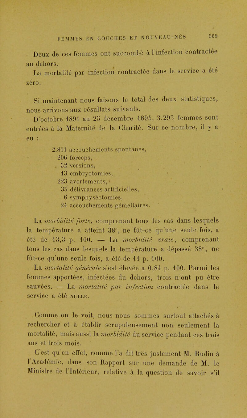 Deux de ces femmes ont succombé à l'infection contractée au dehors. La mortalité par infection contractée dans le service a été zéro. Si maintenant nous faisons le total des deux statistiques, nous arrivons aux résultats suivants. D'octobre 1891 au 25 décembre 1894, 3.29o femmes sont entrées à la Maternité de la Charité. Sur ce nombre, il y a eu : :2.811 accouchements spontanés, 206 forceps, , 52 versions, 13 embryotomies, 223 avortemenls, • 35 délivrances artificielles, 6 symphyséofomies, 24 accouchements gémellaires. La morbidité forte, comprenant tous les cas dans lesquels la température a atteint 38°, ne fût-ce qu'une seule fois, a été de 13,3 p. 100. — La morbidité vraie, comprenant tous les cas dans lesquels la température a dépassé 38°, ne fût-ce qu'une seule fois, a été de 11 p. 100. La mortalité générale s'est élevée a 0,84 p. 100. Parmi les femmes apportées, infectées du dehors, trois n'ont pu être sauvées. — La mortalité par infection contractée dans le service a été nulle. Comme on le voit, nous nous sommes surtout attachés à rechercher et à établir scrupuleusement non seulement la mortalité, mais aussi la morbidité du service pendant ces trois ans et trois mois. C'est qu'en elîet, comme l'a dit très justement M. Budin à l'Académie, dans son Rapport sur une demande de M. le Ministre de l'Intérieur, relative à la question de savoir s'il