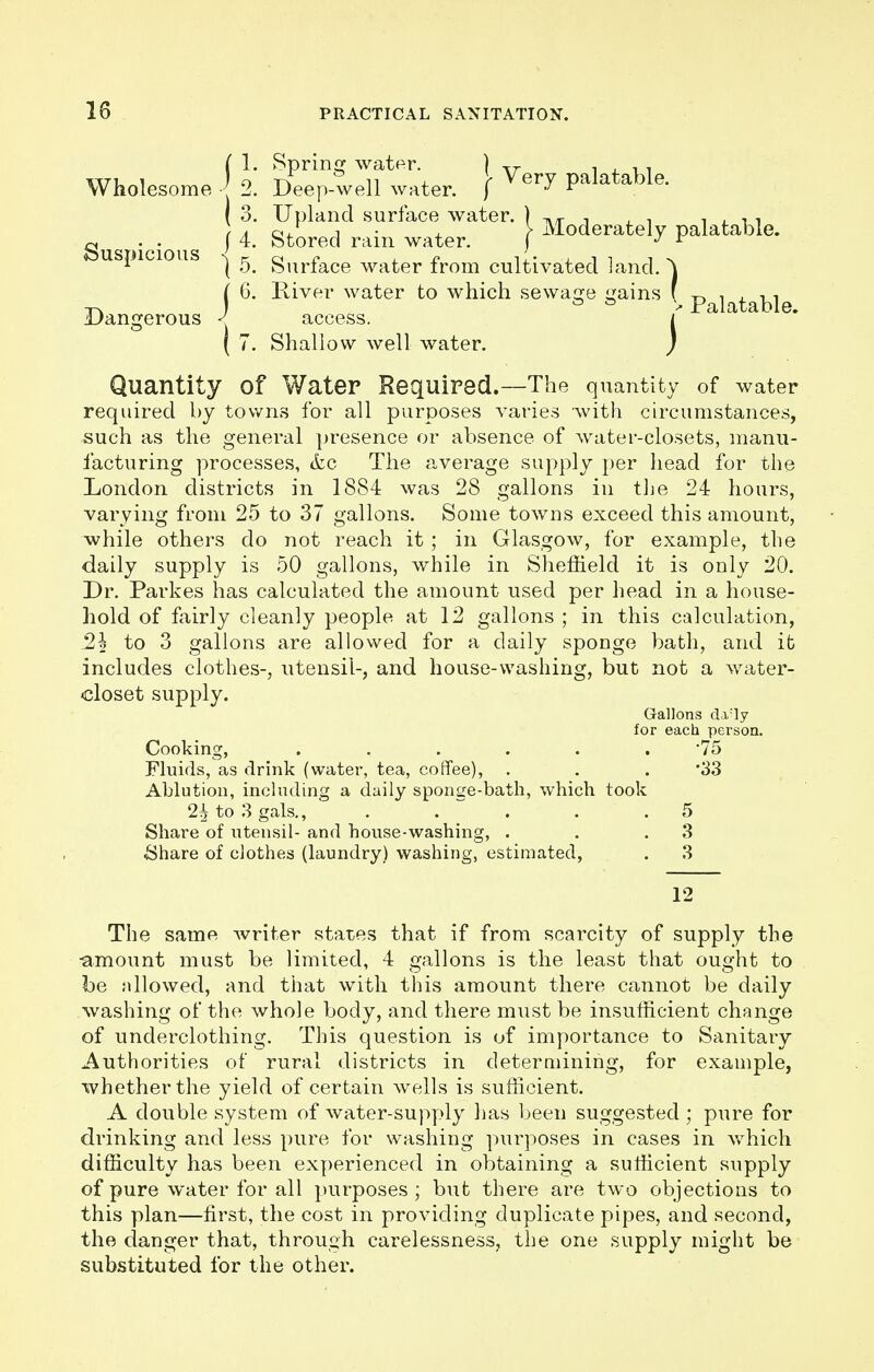 9 nP/in-i^?w.v \ Vei7 Palatable. Wholesome ■' 2. Deep-well water, f I 3. Upland surface water. , Sus >icious ' 4 St°recl rain water- I M°derately Palatable- 1 ( 5. Surface water from cultivated land. ( 6. River water to which sewage gains f p i ^a^| Dangerous < access. i* a ( 7. Shallow well water. ) Quantity of Water Required.—The quantity of water required by towns for all purposes varies with circumstances, such as the general presence or absence of water-closets, manu- facturing processes, &c The average supply per head for the London districts in 1884 was 28 gallons in the 24 hours, varying from 25 to 37 gallons. Some towns exceed this amount, while others do not reach it ; in Glasgow, for example, the daily supply is 50 gallons, while in Sheffield it is only 20. Dr. Parkes has calculated the amount used per head in a house- hold of fairly cleanly people at 12 gallons ; in this calculation, 2| to 3 gallons are allowed for a daily sponge bath, and it includes clothes-, utensil-, and house-washing, but not a water- closet supply. Gallons da:ly for each person. Cooking, ...... 75 Fluids, as drink (water, tea, coffee), . . . *33 Ablution, including a daily sponge-bath, which took 2^ to 3 gals., . . . .5 Share of utensil- and house-washing, . . .3 ■Share of clothes (laundry) washing, estimated, . 3 12 The same writer states that if from scarcity of supply the amount must be limited, 4 gallons is the least that ought to be allowed, and that with this amount there cannot be daily washing of the whole body, and there must be insufficient change of underclothing. This question is of importance to Sanitary Authorities of rural districts in determining, for example, whether the yield of certain wells is sufficient. A double system of water-supply has been suggested ; pure for drinking and less pure for washing purposes in cases in which difficulty has been experienced in obtaining a sufficient supply of pure water for all purposes; but there are two objections to this plan—first, the cost in providing duplicate pipes, and second, the danger that, through carelessness, the one supply might be substituted for the other.