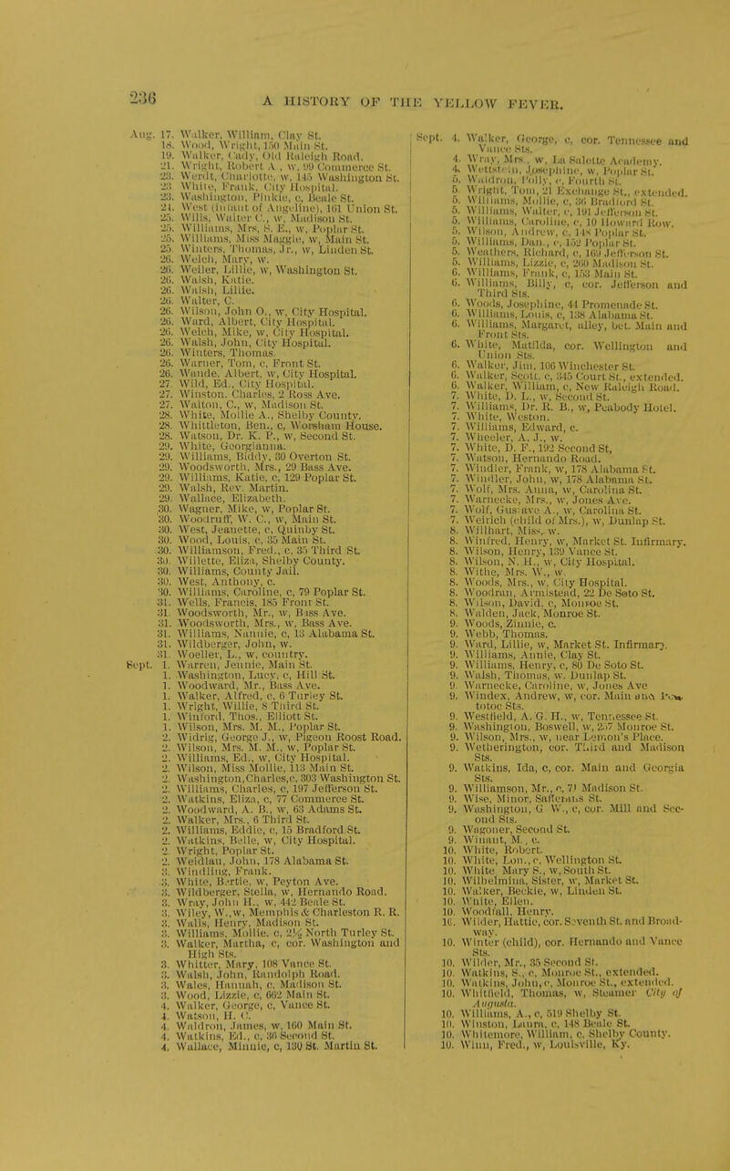 Aut;. 17. W.ilker, Williftm, Clav St. 16. Wood, Wriiiht, 1,)0 Main St. I'J. Walkor, Cady, oi.l Kiiloi-li Rond. •Jl. WrislU, Koljorl A , w, '.lU Conimurcc St. 28. WvviH, (;imi-lolti', w, M) VVushliigton St. ■J.! While, Kniiilc, Citv Hospital. Ii3. Wa.sluiiKtoii, I'iiilcie, c, iic'iile St. 21. West (inlanl of .Viigeline), Kil Union St. •£). Wills, Waller ('., w, Madison St. 2.'). Willinnus, Mrs, S. K., w, Poi)larSt. 25. Williams, Mi.ss Ma^gii?, w. Main St. 2.). WinU'rs, 'riionm.s, Jr., w, Linden St. 2G. Woluli, Mary, w. 2(>. Woiler, Lill'iu, w, Washington St. 2(i. Walsli, Kiltie. 2G. Walsh, Lillie. 2ii. Walter, C. 26. Wil.son, .John 0., w. City Hospital. 2(i. Ward, Albert, City Hospital. 2t>. Welch, Milce, \v, Oily Hospital. 2(). Walsli, John, City Hospital. 2(i. Winters, Thomas. 2G. Warner, Tom, e, Front St. 26. Wunde. Albert, w, Citv Hospital. 27. Wild, Ed., City Hospital. 27. Winston. Charles, 2 Ross Ave. 27. Walton, C, \v, Madison St. 28. White, Mollie A., Shellty County. 28. Whiltleton, Ben., c, Woi-sham House. 28. Watson, Dr. K. P., w, Second St. 2'.i. White, Gcorgianna. 2'.). Williams, Biddy, 30 Overton St. 29. Woodsworth, Mrs., 29 Bass Ave. 29. Williams, Katie, c, 129 Poplar St. 20. Walsh, Rev. Martin. 29. Wallace, Elizabeth. 30. Wagner, Mike, w, Poplar St. 30. Woodruff, W. C, w, Main St. 30. West, Jeanette, e, Quinby St. 30. Wood, Louis, o, 35 Main St. 30. Williamson, Fred., c. 35 Third St. 3J. Willette, Eliza, Shelby County. 30. Williams, County Jail. 30. West, Anthony, c. 30. Williams, Caroline, c, 79 Poplar St. 31. Wells, Francis, 185 Front St. 31. Woodsworth, Mr., w, Biss Ave. 31. Woodsworth, Mrs., w, Bass Ave. 31. Williams, Nannie, c, 13 Alabama St. 31. Wnidberger, John, w. 31. Woeller, L., w, country. V?cpt. 1. Warren, Jennie, Main St. 1. Washington, Lucy, c, Hill Ht. 1. Woodward, Mr., Bass Ave. 1. Walker, Alfred, c, 6 Tiirley St. 1. Wright, Willie, S Third St. 1. Wini'ord. Thos., Elliott St. 1. Wilson, Mrs. U. M., Poplar St. 2. Widrig, George J., w. Pigeon Roost Road. 2. Wilson, Mrs. M. M., w. Poplar St. 2. William.s, Ed., w. City Hospital. 2. Wilson, Miss Mollie, 113 Main St. 2. Washington,Charles,c, 303 Washington St. 2. Williams, Charles, c, 197 Jefferson St. 2. Watkins, Eliza, c, 77 Commerce St. 2. Woodward, .'V. B., w, 63 Adams St. 2. Walker, Mrs., 6 Third St. 2. Williams, Eddie, c, 15 Bradford St. 2. Watkins, Belle, w, City Hospital. 2. Wright, Poplar St. 2. Woidlan, John, 178 Alabama St. 3. Windling, Frank. 3. While, B.^rtic, w, Peyton Ave. 3. Wildberger, Stella, w, Hernando Road. 3. Wrav, John H., w, 442 Beide St. 3. Wiley, W., w, Mempliis & Charleston R. R. 3. Walls, Henrv, Mndi.son St. 3. Williams, Mollie. c, 2'^ North Turley St. 3. Walker, Marllia, c, cor. Washington and High Sts. 3. Whitter, Mary, 108 Vance St. 3. Walsli, John, Randolph Road. 3. Wales, Hannah, c, Mndi.son St. 3. Wood, Lizzie, c, 602 Main St. 4. Walker, (ieorge, c, Vance St. 4. Watson, H. i'. 4. Waldroii, .lames, w. 160 Main St. 4. Watkins, Ed., c, 36 Second St. 4. Wallace, Minnie, c, 130 St. Martin St. Sept. 4. AValker, Ocorgo, e, cor. Tennessee and Vanci' Sts. 4. Wiay, Mrs , w, La Salette Academy. 4* Wcltsti ill, .l.osepliiiic, w. I'opliirSt. 5. Wiildron, I'olly, c, Fonrtli Si. 5. Wright, Tom, 21 E.xchaiige SI., extended. 5. SVillliims, Mollie, c, 36 Briidionl St 5. Williams, Walter, c, 191 Jcflersoii St. 5. Williiiiiis, Caroline, c, 10 Howard \u>\y. 5. Wilson, AiHiiew, c, Ms I'oplar St. 5. William.s, iJan., c, 1.52 J'oplarSl. 5. Weathers, Itichard, c, 169 Jeltcr.son St. 5. Williams, Lizzie, c, 260 Madison St. G. Williams, Frank, c, 153 Main St. 0. Williams, Billy, c, cor. Jefferson and Third Sts. 6. Woods, Jo.sephine, 44 Promenade St. C. Williams, Louis, c, 138 Alabama St. 6. Williams, Margaret, alley, bet. Main and l-ronl Sis. 6. White, .Matilda, cor. Wellington and I'nioii Sts. 6. Walker, Jim, 106 Winchester St. 6. Walker, Scott, c, 345 Court St., e.\tende<L 6. Walker, William, c. New Raleigh Road. 7. White, D. L., w. Second St. 7. Williams, Ur. R. B., w, Peabody Hotel. 7. White, Weston. 7. Williams, Edward, c. 7. Wheeler, A. J., w. 7. White, D. F., 192 Second St, 7. Watson, Hernando Road. 7. Windier, Frank, w, 178 Alabama f t 7. Windier, John, w, 178 Alabama St. 7. Wolf, Mrs. Anna, w, Carolina St. 7. Warnecke, Mrs., \v, Jone.s Ave. 7. Wolf, Gus:avo A., w, Carolina St. 7. Weirich (child of Mrs.), w, Dunlup St. 8. Willhart, Miss,, w. 8. Winfred, Henry, w, ISfarkctSt. Infirmary. 8. Wilson, Henry, 139 Vance St. 8. Wilson, N. H., w, Cily Hospi.tal. 8. Withe, Mrs. W., w. 8. Woods, Mis., w, Cily Hospital. 8. Woodran, Armistead, 22 De Seto St. 8. Wil.son, David, e, Monvoe St. 8. Walden, Jack, Monroe St. 9. Woods, Zinnie, c. 9. W'ebb, Thomas. 9. Ward, Lillie, w. Market St. Infirmarj. 9. Williams, .-Vnnie, Clay St. 9. Williams, Henry, c, 80 De Soto St. 9. Walsh, Thomas, w. Dunlap St. 9. Warnecke, Caroline, \v, Jones Ave 9. \Vindex, Andrew, w, cor. Main anci Po^ totoc sts. 9. Westfield, A. G. H., w, Tenr.essee St. 9. Washingion, Boswell, w, 2.>7 Monroe St. 9. Wilson, Mrs., \v, near Lemon's Place. 9. Wetherington, cor. Tl.iid and Madison Sts. 9. Watkins, Ida, c, cor. Main and Georgia Sts. 9. Williamson, Mr., c, 7) Madison St. 9. Wise, Minor, SalU'raiiS St. 9. Washington, G W., c, cor. Mill and Sec- ond Sts. 9. Wagoner, Second St. 9. Winant, M., c. 10. White, Robert. 10. W'hite, Lon.,c, Wellington St. 10. White Mary S.,w, South St. 10. Wilhelmiim, Sister, w. Market St. 30. Walker, Beckie, w, Linden St. 10. White, Ellen. 10. \Voodl'all, Henrv. IC.. Wilder, Ilattie, cor.SDvenlh St. and Broad- way. 10. Winter (child), cor. Flernando and Vaiu'c St.s. 10. Wilder, Mr., 35 .Second St. 10. Watkins, S., c, Monroe St., extended. ](). Watkins, John,c, .Monroe St., extended. 10. Whitlield, Thomas, w. Steamer Citii <>J A iiqwtii. 10. Williiim.s, A., c, 519 Shelby St. II). Winston, Laura, c, 148 Beale St. 10. Whiteniore, William, c. Shelby County. 10. Winn, Fred., w, Louisville, Ky.