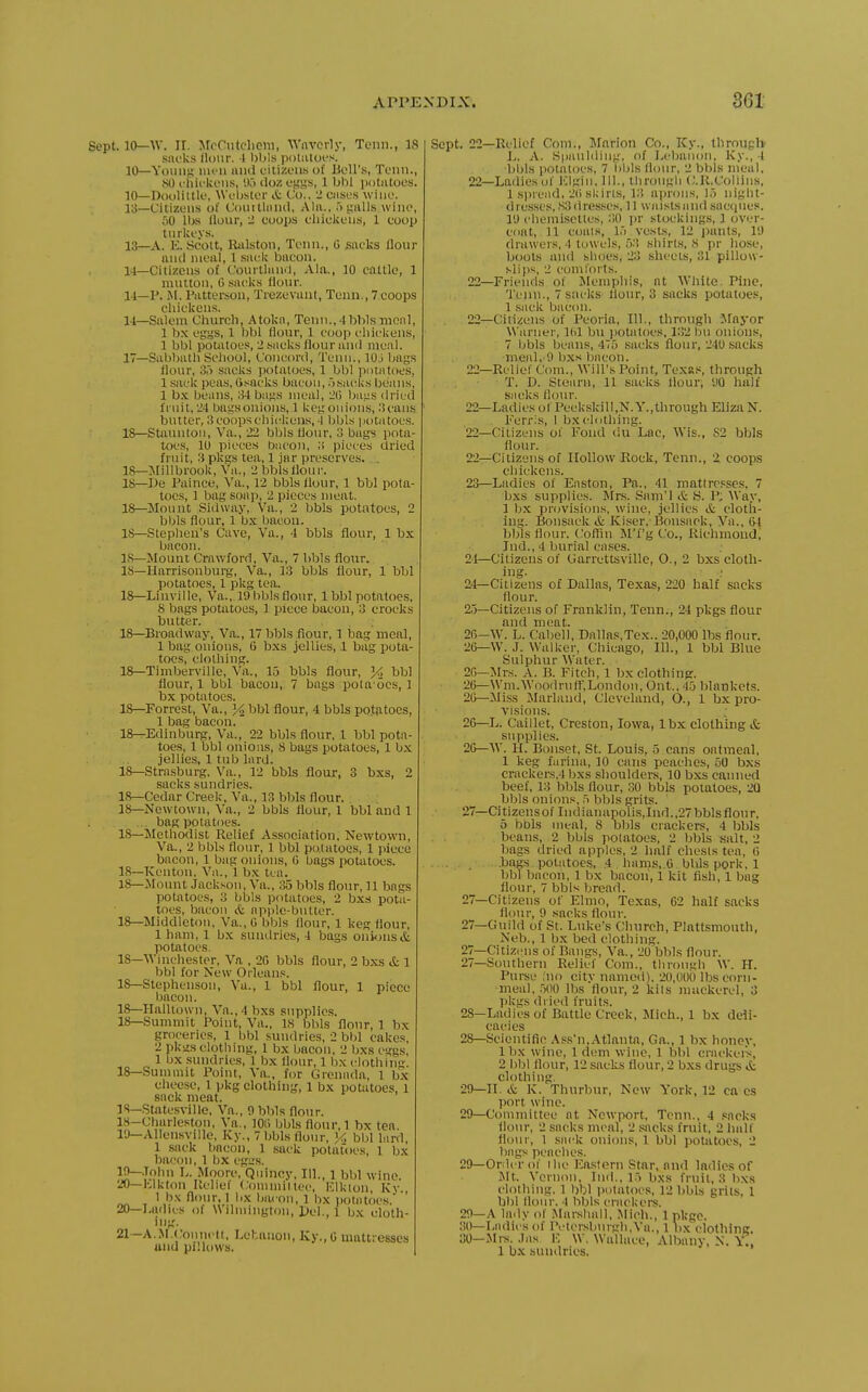 Sept. 10—W. ir. jrcCntchom, 'Wnvcily, Tcnn., 18 sacks (lour. 1 l)bls pDliUot'.'^. 10—Yoiiiiy; iiicu and cilizeuti of Bell's, Tcnn., 80 chickcn.s, ',)r> doz eggs, 1 Ijbl iiotiitocs. 10— Dooliltle, Weljster it Co., 1! ciisus wine. 13—Citizens of Couitlnnil, Alii., .'> galls wine, 00 ll).s Hour, ^^ coops chickens, 1 coop turkeys. 13— A. K. Scoit, Riilston, Tenn., G sacks flour and meal, 1 sack bacon. 14— Citizens of Courtland, Ala., 10 cattle, 1 mutton, 6 sacks flour. 11— 1'. IM. Patterson, Trezevant, Tenn., 7coops chickens. 11—Salem Church, Atoka, Tenn., ■} bbls meal, 1 b.x eggs, 1 bbl flour, 1 coop chickens, 1 bbl potatoes, 2 sacks flour and mcil. 17— Sabbath School, Concord, Tenn., lOj bag.s flour, o.'i sacks potatoes, 1 bbl pmatocs, 1 .sack peas, (isacks bacon, o.sacks beans, 1 bx beans, :U bags meal, l'O ljai:s dried fruit, 24 bagsonions, 1 keg onions, 3cans butter, 3 coops chickens,-i bbls potatoes. 18— Staunton, Va., 22 bbls flour, 3 bags pota- toes, 10 pieces bacon, ;i pieces dried fruit, 3 plvgs tea, 1 jar preserves. . 18—Millbrook, Va., 2bblsflour. 18—De Paince, Va., 12 bbls Hour, 1 bbl pota- toes, 1 bag soap, 2 pieces meat. 18—Mount Sidway, Va., 2 bbls potatoes, 2 bbls flour, 1 bx l)aeon. 15— Stephen's Cave, Va., 4 bbls flour, 1 bx bacon. IS—Mount Crawford, Va., 7 bbls flour. IS—Harrisonburg, Va., 13 bbls flour, 1 bbl potatoes, 1 pkg tea. 18—Linville, Va., 19 bbls flour, 1 bbl potatoes, 8 bags potatoes, 1 piece bacon, 3 crocks butter. ; 18—Broadway, Va., 17 bbls fiour, 1 bag meal, 1 bag onions, G bxs jellies, 1 bag pota- toes, clothing. 18—Timbervillc, Va., 15 bbls flour, y, bbl flour, 1 bbl bacon, 7 bags pota oes, 1 bx potatoes. 18—Forrest, Va., X bbl flour, 4 bbls po.tatocs, 1 bag bacon. 18—Edinljurg, Va., 22 bbls flour, 1 bbl pota- toes, 1 bbl onions, 8 bags potatoes, 1 bx jellies, 1 tub lard. 18—Strasburg. Va., 12 bbls flour, 3 bxs, 2 sacks sundries. 18—Cedar Creek, Va., 13 bbls flour. 18—Newtown, Va., 2 bbls flour, 1 bbl and 1 .. bag potatoes. 18—Methodist Relief Association, Newtown, Va., 2 bbls flour, 1 bbl potatoes, 1 piece bacon, 1 bag onions, G bags potatoes. 18—Kenton, Va., 1 bx ten. 18—Mount Jackson, Va., ;M bbls flour, 11 bags potatoes, 3 bbls potatoes, 2 bxs pota- toes, bacon & apple-butter. 18—Middleton, Va., G bbls flour, 1 keg flour, 1 ham, 1 bx sundries, 4 bags onkjusA potatoes. 18—Winchester, Va , 2G bbls flour, 2 bxs & 1 bbl for New Orleans. 18—Stephenson, Va., 1 bbl flour, 1 piece bacon. 18—Halltown, Va.,4 bxs supplies. 18—Summit Point, Va., IS bbls flotir, 1 bx groceries, 1 bbl sundries, 2 bbl cakes, 2 pkusclotliing, 1 bx bacon, 2 bxs eggs, 1 bx sundries, 1 bx flour, 1 bx ciothiug. 18—Summit Point, Va., for Grenada, 1 bx chee-se, 1 pkg clothing, 1 bx potatoes, 1 sack meat. 18—Statesville, Va., 9 bbls flour. 18— Charleston, Va., lOii bbls flour,! bx tea 19— Allensvillc, Ky., 7 bbls flour, y, bbl lard, 1 sack bacon, 1 sack potatoes, 1 bx bacon, 1 bx cgtts. ^jJ^-J.'?!' L. Moore, Qiiincy, 111., 1 bbl wine. 20— hlkton Ilelief Commit toe, Elkton Kv K^'^ ' '^ 1 bx potatoes. 20— I-adies of Wilndngton, pel., 1 b.v cloth- ing. 21- A..M.(:oiin( tt, Lebanon, Ky., 0 mattresses und pillows. Sept. 22—Relief Com., Marion Co., Ky., througl* Ji. A. S|iauliling, of Lebanon, Ky., 4 bl)ls potatoes, 7 bbls flour, 2 bbls meal, 22—Ladies of KIgin, III., through (-'.R.Collins, 1 sjjrend, 2(i skirls, 13 aprons, If) iiight- d resses, S3 d resses, 11 \va isls and sacq ties. 19 chemisettes, 30 \>t stockings, 1 over- coat, 11 coats, vests, 12 i)ants, 19 drawers, 4 towels, 53 shirts, 8 pr hose, boots and shoes, 23 sheets, 31 pillow- slijis, 2 comforts. 22—Friends of Memphis, ot White. Pine, Tenn., 7 sacks flour, 3 sacks potatoes, 1 .sack bacon. 22—Citizens of Peoria, 111., through Mayor Warner, Idl bn i)otatoes, 132 bn onions, 7 bbls beans, 475 sacks flour, 240 sacks meal, 9 bx.s bacon. 22—Relief Com., Will's Point, TexR.s through T. D. Steam, 11 sacks flour, 90 half sacks flour. 22—Ladies of Pcekskill,N.Y.,through Eliza N. Ferris, 1 bxclolhiiig. 22—Citizens of Fond du Lac, Wis., 82 bbls fiour. 22— Citizens of Hollow Rock, Tenn., 2 coops chickens. 23— Ladies of Enston, Pa., 41 mattresses, 7 bxs supplies. Mrs. Sam'l & H. P, Way, 1 bx provisions, wine, jellies & cloth- ing. Bonsack & Kiser, Bonsaok, Va., 61 bbls flour. Coflin M'f'g Co., Richmondi Ind., 4 burial cases. 2'1—Citizens of Garrettsvillc, O., 2 bxs cloth- ing. 24— Citizens of Dallas, Texas, 220 half sacks flour. 2.5—Citizens of Franklin, Tenn., 24 pkgs flour and meat. 26—W. L. Cabell, Dallas.Tex.. 20,000 lbs flour. 2G—W. J. Walker, Chicago, 111., 1 bbl Blue Stilphur Water. 2G—Mrs. A. B. Fitch, 1 bx clothing:. 26—Wm.Woodrufr,Londou, Out.. 45 blankets. 2G—Miss Marland, Cleveland, O., 1 bx pro- visions. 26—L. Caillet, Creston, Iowa, Ibx clothing & supplies. 26— W. H. Bonset, St. Louis, 5 cans oatmeal, 1 keg farina, 10 cans peaches, 50 bxs crackers,4 bxs shoulders, 10 bxs canned beef, 13 bbls flour, 30 bbls potatoes, 20 bbls onions, 5 bbls grits. 27— Citizensof IiKlianapolis,Iud.,27 bbls flour, 5 bbls meal, 8 bljls crackers, 4 bbls beans, 2 bbls potatoes, 2 bbls salt, 2 bags dried apples, 2 half chests tea, G bags potatoes, 4 hams,.G bbls pork, 1 bbl bacon, 1 bx bacon, 1 kit fish, 1 bag flour, 7 bbls bread. 27—Citizens of Elmo, Texas, 62 half sacks flour, 9 ^^acks flour. 27—Gmld of St. Luke's Church, Plattsmouth, Neb., 1 bx bed clothing. 27—Citizens of Bangs, Va., 20 bbls flour. 27— Southern Relief Com., through W. H. Purse ;no city named). 20,000 lbs corn- meal, 500 lbs flour, 2 kits miickerel, 3 pkgs dried fruits. 28— Ladies of Battle Creek, Mich., 1 bx deli- cacies 28— Scientific A.ss'n,Atlanta, Ga., 1 bx honev, Ibx wine, 1 dem wine, 1 bbl crackers, 2 bbl flour, 12 sacks flour, 2 bxs drugs i.t clothing. 29— 11. ct K. Thurbur, New York, 12 ca cs port wine. 29—Committee nt Newport, Tcnn., 4 sacks flour, 2 sacks meal, 2 sacks fruit, 2 half flour, 1 sack onions, 1 bbl potatoes, 2 liags peaches. 29—Order of the Eastern Star, and ladies of ]Mt. Vernon, Inrl., 15 bxs frtiit, 3 bxs clothing. 1 bbl potatoes, 12 bbls grits, I bbl flour. 4 bbls crackers. 29— A lady of Marshall, .Mich., 1 pkgc. 30— Ladies of Peter.sburgli,Va., 1 bx clothing. 30—Mrs. .las V. W. Wallace, Albany, N. Y., 1 bx sundries.