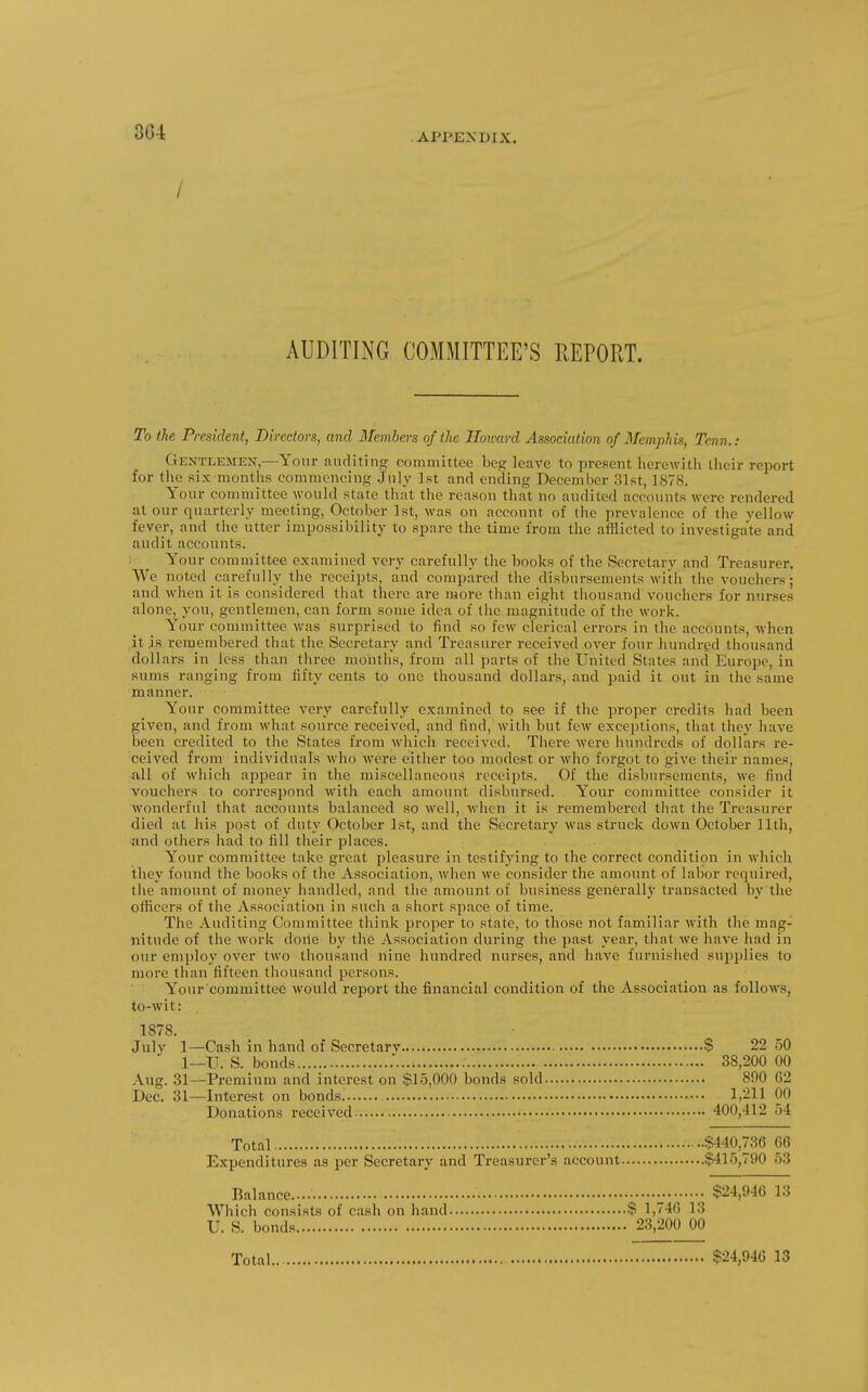 / AUDITING COMMITTEE'S REPORT. To the President, Directors, and Members of the Howard Association of Memphis, Tcnn.: Gentlemen,—Your aiiditin<? committee beg leave to preRent herewith tlieir report for the six months commencing July 1st and ending December 31st, 1878. Your committee would state that the reason that no audited accounts were rendered at our quarterly meeting, October 1st, was on account of the prevalence of the yellow fever, and the utter impossibility to spare the time from the afflicted to investigate and audit accounts. : Your committee examined very carefully the books of the Secretary and Treasurer. We noted carefully the receipts, and compared the disbursements witli the vouchers; and when it is considered that there are more than eight thousand vouchers for nurses alone, you, gentlemen, can form some idea of the magnitude of the work. Your committee was surprised to find so few clerical errors in the accounts, when it js remembered that the Secretary and Treasurer received over four hundred thousand dollars in less than three months, from all parts of the United States and Europe, in sums ranging from fifty cents to one thousand dollars, and paid it out in the same manner. Your committee very carefully examined to see if the proper credits had been given, and from what source received, and find, with but few exceptions, that they have been credited to the States from which received. There were hundreds of dollars re- ceived from individuals who were either too modest or who forgot to give their names, all of which appear in the miscellaneous receipts. Of the disbursements, we find vouchers to correspond with each amount disbursed. Your committee consider it wonderful that accounts balanced so well, when it is remembered tliat the Treasurer died at his post of duty October 1st, and the Secretary was struck down October Ilth, and others had to fill their places. Your committee take great pleasure in testifying to the correct condition in which they found the books of the Association, when we consider the amount of labor i-equired, the amount of money handled, and the amount of business generally transacted by the officers of the Association in such a short space of time. The Auditing Committee think proper to state, to those not familiar with the mag- nitude of the work doite by the Association during the past year, that we have had in our employ over two thousand nine hundred nurses, and have furnished supplies to more than fifteen thousand persons. Your committee would report the financial condition of the Association as follows, to-wit: 1878. July 1—Cash in hand of Secretarv $ 22 50 1—TJ. S. bonds 38,200 00 Aug. 31—Premium and interest on $15,000 bonds sold 890 G2 Dec. 31—Interest on bonds. 1,211 00 Donations received 400,412 54 Total §440,736 66 Expenditures as per Secretary and Treasurer's account §415,790 53 Balance ; $24,946 13 Which consists of cash on hand $ 1,740 13 U. S. bonds 23,200 00 Total $24,940 13