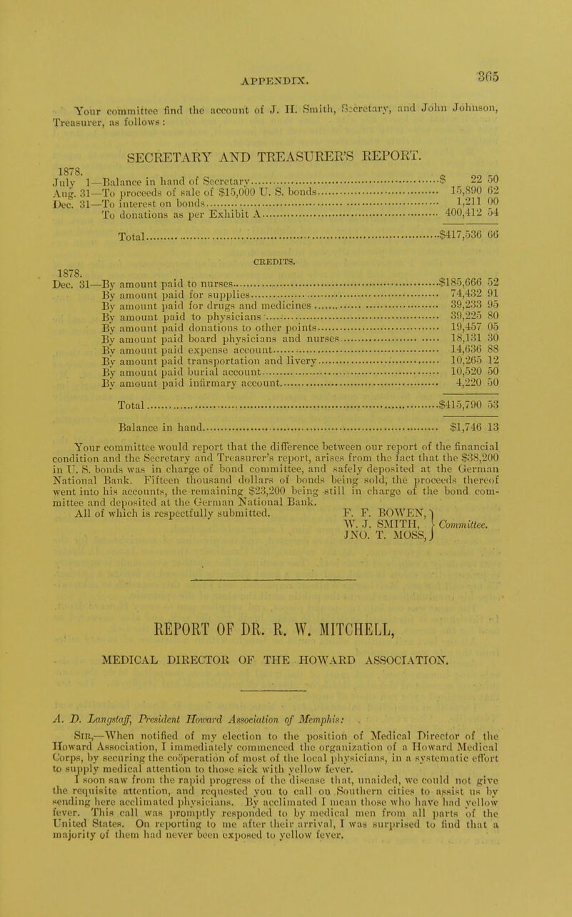 305 Your committee find the account of J. II. Smith, Secretary, and John Johnson, Treasurer, as follows : SECRETARY AND TREASURER'S REPORT. 1878. July 1—Balance in hand of Secretary Aug. 31—To proceeds of sale of $15,000 U. S. bonds Dec. 31—To interest on bonds To donations as per Exhibit A Total §417,536 66 CREDITS. 1878. Dec. 31—By amount paid to nurses $185,666 52 By amount paid for supplies 74,432 91 By amount paid for drugs and medicines 39,233 95 By amount paid to physicians 39,225 80 By amount paid donations to other points 19,457 05 By amount paid board physicians and nurses 18,131 30 By amount paid expense account 14,636 88 By amount paid transportation and livery 10,265 12 By amount paid burial account 10,520 50 By amount paid infirmary account 4,220 50 Total $415,790 53 Balance in hand $1,746 13 Your committee would report that the difference between our report of the financial condition and the Secretary and Treasurer's report, arises from the fact tliat the $38,200 in U. vS. bonds was in charge of bond committee, and safely deposited at the German National Bank. Fifteen thousand dollars of bonds being sold, the proceeds thereof went into his accounts, the remaining $23,200 being still in charge of the bond com- mittee and deposited at the German National Bank. All of which is respectfully submitted. F. F. BOWEN, ~| W. J. SMITH, \ Committee. JNO. T. MOSS, J REPORT OF DR. R. W. MITCHELL, MEDICAL DIRECTOK OF THE HOWARD ASSOCIATION. A. D. Langstnff, President Howard Association of Memphis: Sir,—When notified of my election to the positioii of Medical Director of the Howard Association, I immediately commenced the organization of a Howard Medical Corps, by securing the cooperation of most of the local physicians, in a systematic effort to supply medical attention to those sick witii yellow fever. I soon saw from the ra])id progress of the disease that, imaided, we could not give the rocpiisite attention, and requested you to call on Soutiicrn cities to assist us by sending here acclimated physicians. By acclimated I mean those Avho have had yellow fever. This call was jiromptly responded to by medical men from all parts of the United States. On reporting to me after their arrival, I was surprised to find that a majority of them had never been exposed to yellow fever. $ 22 50 15,890 62 1,211 00 400,412 54