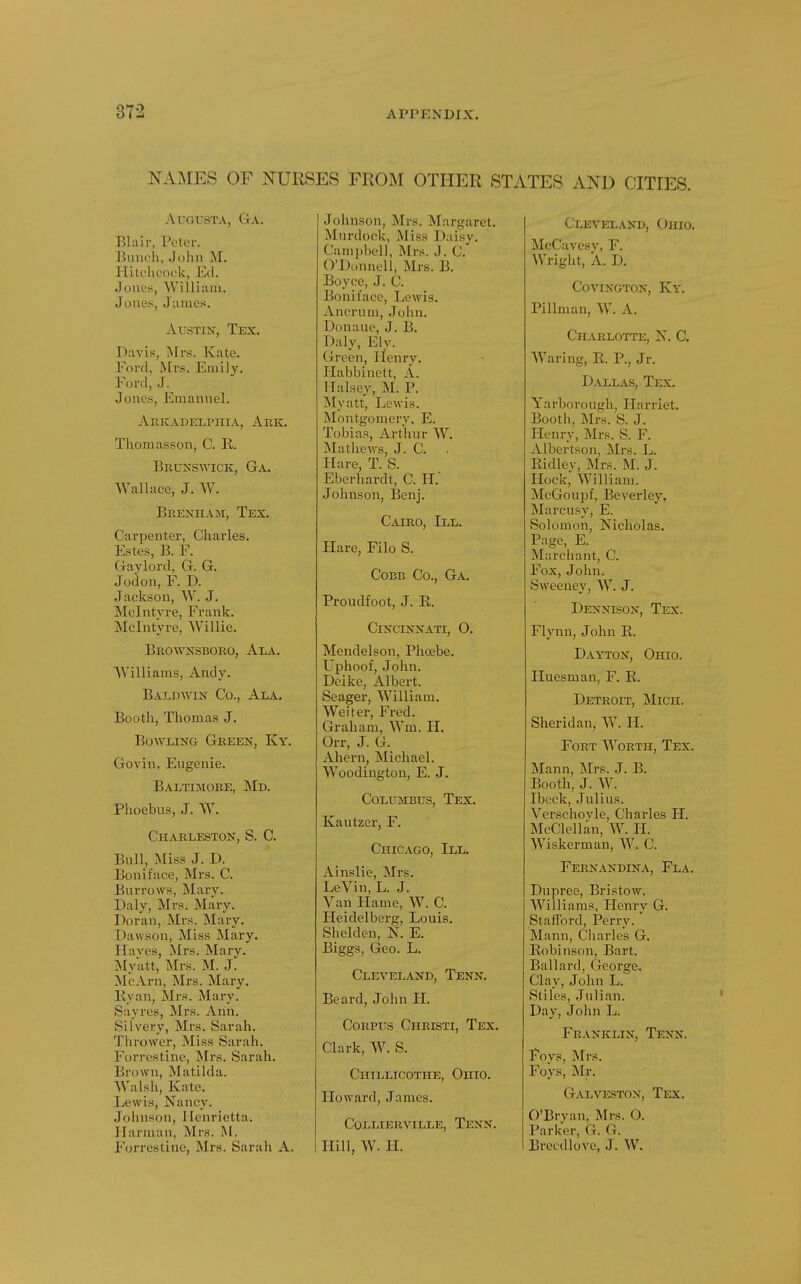 NAMES OF NUESES FROM OTHER STATES AND CITIES. Augusta, Ga. Blair, Peter. Bunch, John M. Hitchcock, Ed. Jones, Williiun. Jones, James. Austin, Tex. r*avis, Mrs. Kate. Ford, Mrs. Emily. Ford, J. Jones, Emanuel. Abkadelphia, Ark. Thomasson, C. B. BnuKSwicK, Ga. Wallace, J. W. Bbenhaji, Tex. Carpenter, Charles. Estes, B. F. Gavlord, G. G. Jodon, F. D. Jackson, AV. J. Mclntyre, Frank. Mclntyre, Willie. Brownsboeo, Ala. Williams, Andy. Baldwin Co., Ala. Booth, Thomas J. Bowling Geeen, Ky. Govin, Eugenie. Baltimore, Md. Phoebus, J. W. Charleston, S. C. Bull, Miss J. D. Boniface, Mrs. C. Burrows, Mary. Daly, Mrs. Mary. Doran, Mrs. Mary. Dawson, Miss Mary. Hayes, Mrs. Mary. Myatt, Mrs. M. J. McArn, Mrs. Mary. Kyan, Mrs. Mary. Sayres, Mrs. Ann. Silvery, Mrs. Sarah. Thrower, Miss Sarah. Forrestine, Mrs. Sarah. Brown, Matilda. AValsh, Kate. Lewis, Nancy. Johnson, Henrietta. Harman, Mrs. M. Forrestine, Mrs. Sarah A. Johnson, Mrs. Margaret. Murdock, Miss Daisy. Cami)bell, Mrs. J. C. O'Donnell, Mrs. B. Boyce, J. C. Boniface, Lewis. Ancrum, .John. Donauc, J. B. Daly, Ely. Green, Henry. Habbinett, A. lialsey, M. P. Myatt, Lewis. Montgomery, E. Tobias, Artiiur W. Mathews, J. C. Hare, T. S. Eberhardt, C. H.' Johnson, Benj. Cairo, III. Hare, Filo S. Cobb Co., Ga. Proudfoot, J. E. Cincinnati, O. Mendelson, Phoebe. Uphoof, .John. Deike, Albert. Seager, William. Weiter, Fred. Graham, Wm. H. Orr, J. G. Ahern, Michael. Woodington, E. J. Columbus, Tex. Kautzer, F. Chicago, III. Ainslie, Mrs. LeVin, L. J. Van Hame, W. C. Heidelberg, Louis. Shelden, N. E. Biggs, Geo. L. Cleveland, Tenn. Beard, John H. Corpus Christi, Tex. Clark, W. S. Chillicothe, Ohio. Howard, James. COLLIERVILLE, TeNN. Hill, AV. H. Cleveland, Ohio. ]\IcCavesv, F. Wright, A. D. Covington, Ky. Pillman, W. A. Charlotte, N. C. Waring, K. P., Jr. Dallas, Tex. Yarborough, Harriet. Booth, Mrs. S. J. Henry, Mrs. S. F. Albertson, j\Irs. L. Kidley, Mrs. M. J. Hock, William. McGoupf, Beverley. Marcusy, E. Solomon, Kicholas. Page, E. Marchant, C. Fox, John. Sweeney, W. J. Dennison, Tex. Flynn, John E. Dayton, Ohio. tluesman, F. E. Detroit, Mich. Sheridan, W. H. Fort Worth, Tex. Mann, Mrs. J. B. Booth, J. W. Ibeck, Julius. Verschovle, Charles H. McClellan, W. IL Wiskerman, W. C. Fernandina, Fla. Dupree, Bristow. Williams, Heniy G. Stafford, Perry. Mann, Charles G. Eobinson, Bart. Ballard, George. Clay, John L. Stiles, .Julian. Day, .John L. Franklin, Tenn. Foys, Mrs. Foys, INIr. Galveston, Tex. O'Brvan, Mrs. O. Parker, G. G. Breed love, J. W.