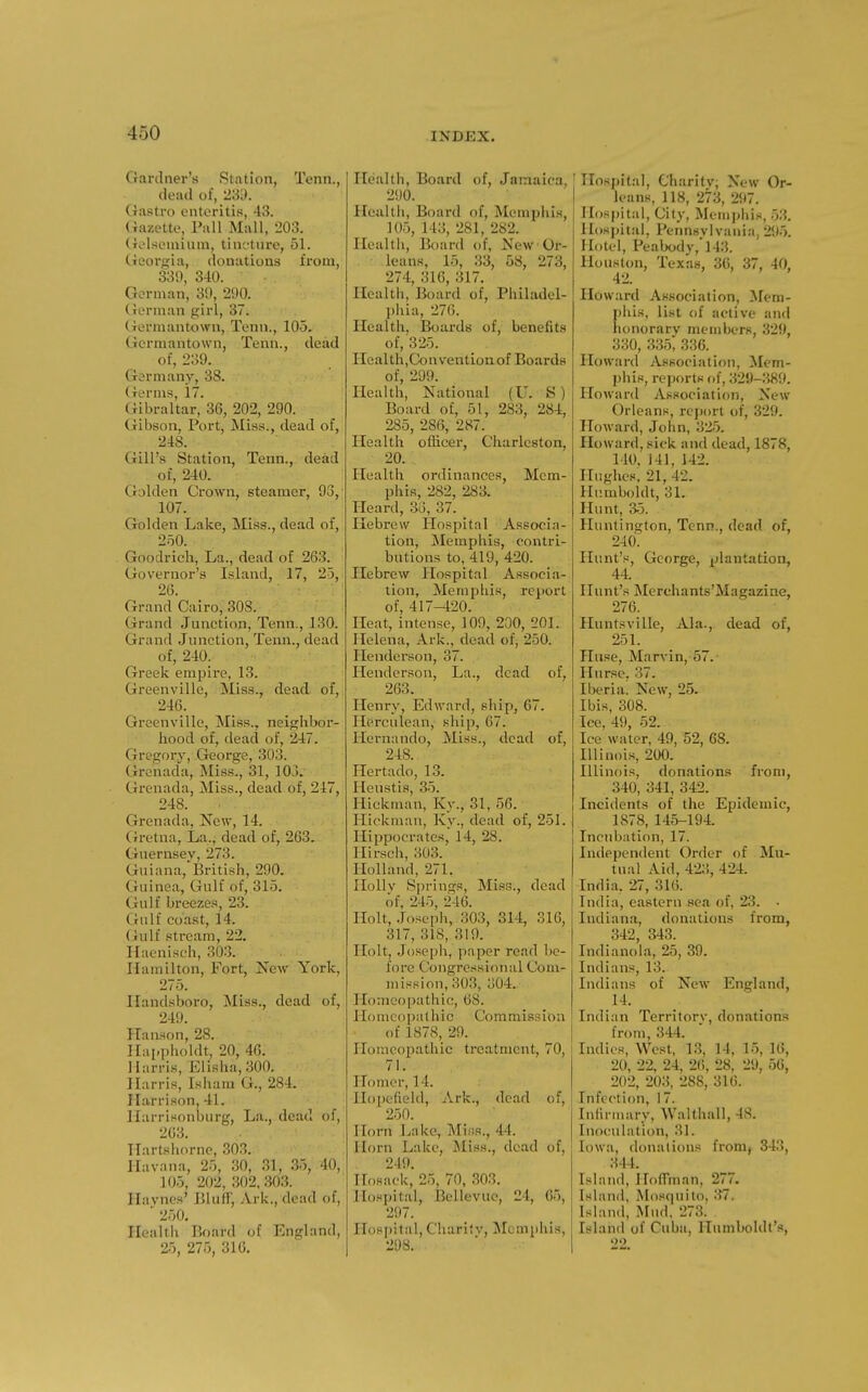 Gardner's Station, Tenn., dead of, 233. (rastro enteritis, 43. Ciazette, Pall Mail, 203. (rc'lseniium, tinftiire, 51. Georgia, donations from, 339, 340. German, 39, 290. (xorman girl, 37. Germantown, Tenn., 105. Gcrmantown, Tenn., dead of, 239. Germany, 38. (ierm.s, 17. Gibraltar, 36, 202, 290. Gibson, Port, Miss., dead of, 248. Gill's Station, Tenn., dead of, 240. Golden Crown, steamer, 93, 107. Golden Lake, Miss., dead of, 2oO. Goodrich, La., dead of 263. Governor's Island, 17, 25, 26. Grand Cairo, 308. Grand Junction, Tenn., 130. Grand Junction, Tenn., dead of, 240; Greek empire, 13. Greenville, Miss., dead of, 246. Greenville, Miss., neighbor- hood of, dead of, 247. Gregory, George, 303. Crrenada, Miss., 31, 103. Grenada, Miss., dead of, 247, 248. . . Grenada, New, 14. (rretna. La., dead of, 263. Guernsey, 273. Guiana,British, 290. Guinea, Gulf of, 315. Gulf breezes, 23. (inIf coast, 14. (iulf stream, 22. Hacnisch, 303. Hamilton, Fort, IJew York, 275. Ilandsboro, Miss., dead of, 249. Hanson, 28. Happholdt, 20, 46. Harris, Elisha,300. Harris, Ishara G., 284. Harrison, 41. Harrisonburg, La., dead of, 263. Hartshornc, 303. Havana, 25, 30, 31, 35, 40, 105, 202, 302,303. Haynes' Blufr, .Vrk., dead of, ■ 250. Health Board of England, 25, 275, 316, Health, Board of, Jamaica, 290. Health, Board of, Memphis, 105, 143, 281, 282. Health, Board of, New Or- leans, 15, 33, 58, 273, 274, 316, 317. Health, Board of, Philadel- phia, 276. Health. Boards of, benefits of,'325. Health,Convention of Boards of, 299. Health, National (U. S) Board of, 51, 283, 284, 285, 286, 287. Health officer, Charleston, 20. Health ordinances, Mem- phis, 282, 283. Heard, 33, 37. Hebi'ew Hospital Associa- tion, Memphis, contri- butions to, 419, 420. Hebrew Hospital Associa- tion, Memphis, report of, 417-420. Heat, intense, 109, 200, 201. Helena, Ark., dead of, 250. Henderson, 37. Henderson, La., dead of, 263. Henry, Edward, ship, 67. Herculean, ship, 67. Hernando, Miss., dead of, 248. Hertado, 13. Heustis, 35. Hickman, Ky., 31, 56. Hickman, Kv., dead of, 251. Hippocrates, 14, 28. Hirsch, 303. Holland, 271. IIollv Springs, Miss., dead of, 245, 246. Holt, Joseph, 303, 314, 316, 317,318,319. Holt, Joseph, paper read be- fore Congressional Com- mission, 303, 304. Homeopathic, 68. Homeopathic Commission of 1878, 29. I Homeopathic treatment, 70, 71. Homer, 14. Hopefield, Ark., dead of, 250. Horn Lake, Mina., 44. Horn Lake, Miss., dead of, 249. Hosack, 25, 70, 303. Hosjiital, Bellevuc, 24, 65, 297. nosi)ital, Charitv, Memphis, 298. IIosj)il:il, Charitv; New Or- leans, 118, 273, 297. Ilospitiil, City, Memphis, 53. Hospital, Pennsylvania, 295. Hotel, Peabody,l43. Houston, Texas, 36, 37, 40, 42. Howard Association, Mem- phis, list of active and honorary members, 329, 330, 335; 336. Howard Association, Mem- phis, reports of, 329-389. Howard Association, New Orleans, report of, 329. Howard, John, 325. PIoward,sick and dead, 1878, 110, 141, 142. Hughes, 21, 42. Humboldt, 31. Hunt, 3.5. Huntington, Tenn., dead of, 240. Hunt's, George, plantation, 44. Hunt's Merchants'Magazine, 276. Huntsville, Ala., dead of, 251. Hnse, Marvin, 57. Hursc, 37. Iberia. New, 25. Ibis, 308. Ice, 49, 52. Ice water, 49, 52, 68. Illinois, 200. Illinois, donations from, 340, 341, 342. Incidents of the Epidemic, 1878, 145-194 Incubation, 17. Independent Order of Mu- tual Aid, 423, 424. India, 27, 316. India, eastern sea of, 23. • Indiana, donations from, 342, 343. Indianola, 25, 39. Indians, 13. Indians of New England, 14. Indian Territory, donations from, 344. Indies, West, 13, 14, 15, 16, 20, 22, 24, 2(), 28, 29, 56, 202, 203, 288, 316. Infection, 17. Infirmary, Walthall, 48. Inoculation, 31. Iowa, donations fromj 343, 344. Island, HofTman, 277. Island, IMosquito. 37, Island, Mud. 273. Island of Cuba, Humboldt's, 22.