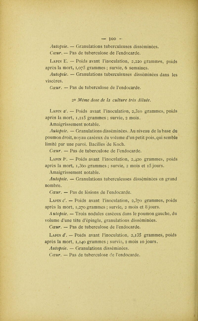 Autopsie. — Granulations tuberculeuses disséminées. Cœur. — Pas de tuberculose de l'endocarde. Lapin E. — Poids avant l'inoculation, 2,220 grammes, poids après la mort, 1,075 grammes ; survie, 6 semaines. Autopsie. — Granulations tuberculeuses disséminées dans les viscères. Cœur. — Pas de tuberculose de l'endocarde. 20 Même dose de la culture très diluée. Lapin a'. — Poids avant l'inoculation, 2,310 grammes, poids après la mort, i,2i5 grammes ; survie, 2 mois. Amaigrissement notable. Autopsie. — Granulations disséminées. Au niveau de la base du poumon droit, noyau caséeux du volume d'un petit pois, qui semble limité par une paroi. Bacilles de Koch. Cœur. — Pas de tuberculose de l'endocarde. Lapin b'. — Poids avant l'inoculation, 2,420 grammes, poids après la mort, i,36o grammes ; survie, 2 mois et i5 jours. Amaigrissement notable. Autopsie. — Granulations tuberculeuses disséminées en grand nombre. Cœur. — Pas de lésions de l'endocarde. Lapin c'. — Poids avant l'inoculation, 2,870 grammes, poids après la mort, 1,270 grammes ; survie, 2 mois et 8 jours. Autopsie. — Trois nodules caséeux dans le poumon gauche, du volume d'une tête d'épingle, granulations disséminées. Cœur. — Pas de tuberculose de l'endocarde. Lapin ci'. — Poids avant l'inoculation, 2,i35 grammes, poids après la mort, 1,140 grammes ; survis, 2 mois 10 jours. Autopsie. — Granulations disséminées. Cœur. — Pas de tuberculose de l'endocarde.