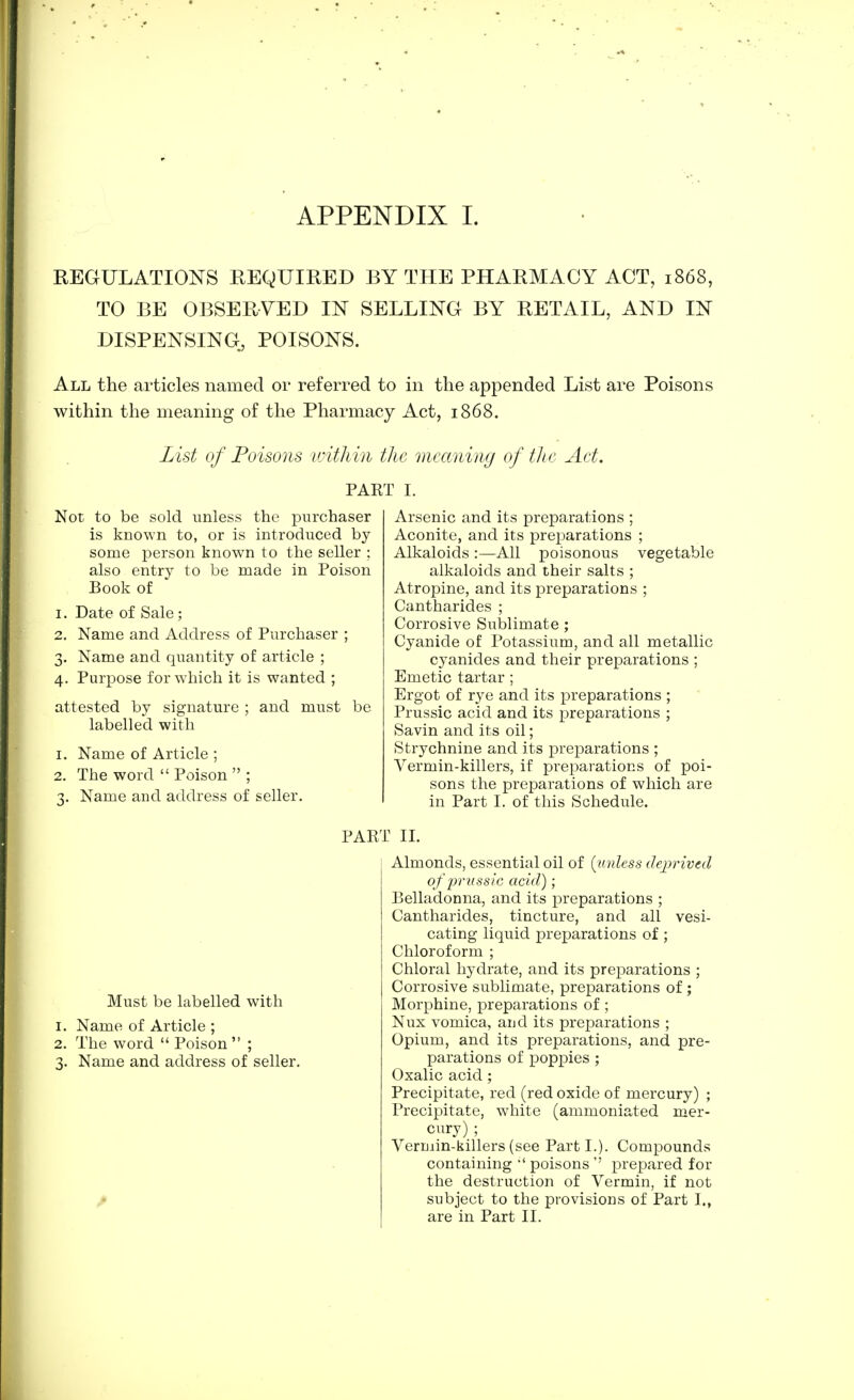 REGULATIONS REQUIRED BY THE PHARMACY ACT, 1868, TO BE OBSERVED IN SELLING BY RETAIL, AND IN DISPENSING, POISONS. All the articles named or referred to in the appended List are Poisons within the meaning of the Pharmacy Act, 1868. List of Poisons within the meaning of the Act. PART I. Not to be sold unless the purchaser is known to, or is introduced by some person known to the seller ; also entry to be made in Poison Book of 1. Date of Sale; 2. Name and Address of Purchaser ; 3. Name and quantity of article ; 4. Purpose for which it is wanted ; attested by signature ; and must be labelled with 1. Name of Article ; 2. The word  Poison  ; 1. Name and address of seller. Arsenic and its preparations ; Aconite, and its preparations ; Alkaloids :—All poisonous vegetable alkaloids and their salts ; Atropine, and its preparations ; Cantharides ; Corrosive Sublimate; Cyanide of Potassium, and all metallic cyanides and their preparations ; Emetic tartar ; Ergot of rye and its preparations ; Prussic acid and its preparations ; Savin and its oil; Strychnine and its preparations ; Vermin-killers, if preparations of poi- sons the preparations of which are in Part I. of this Schedule. PART II. Must be labelled with 1. Name of Article ; 2. The word  Poison  ; 3. Name and address of seller. Almonds, essential oil of (unless deprived of prussic acid); Belladonna, and its preparations ; Cantharides, tincture, and all vesi- cating liquid preparations of; Chloroform ; Chloral hydrate, and its preparations ; Corrosive sublimate, preparations of; Morphine, preparations of; Nux vomica, and its preparations ; Opium, and its preparations, and pre- parations of poppies ; Oxalic acid; Precipitate, red (red oxide of mercury) ; Precipitate, white (ammoniated mer- cury) ; Vermin-killers (see Parti.). Compounds containing  poisons prepared for the destruction of Vermin, if not subject to the provisions of Part I., are in Part II.