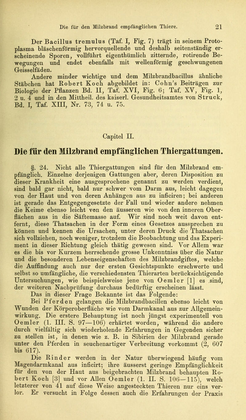 Der Bacillus tremulus (Taf. I, Fig. 7) trägt in seinem Proto- plasma bläschenförmig hervorquellende und deshalb seitenständig er- scheinende Sporen, vollführt eigenthümlich zitternde, rotirende Be- wegungen und endet ebenfalls mit wellenförmig geschwungenen Geisseifäden. Andere minder wichtige und dem Milzbrandbacillus ähnliche Stäbchen hat Robert Koch abgebildet in: Cohn's Beiträgen zur Biologie der Pflanzen Bd. II, Taf. XVI, Fig. 6; Taf. XV, Fig. 1, 2 u. 4 und in den Mittheil, des kaiserl. Gesundheitsamtes von Struck, Bd. I, Taf. XIII, Nr. 73, 74 u. 75. Capitel IL Die für den Milzbrand empfänglichen Thiergattungen. §. 24. Nicht alle Thiergattungen sind für den Milzbrand em- pfänglich. Einzelne derjenigen Gattungen aber, deren Disposition zu dieser Krankheit eine ausgesprochene genannt zu werden verdient, sind bald gar nicht, bald nur schwer vom Darm aus, leicht dagegen von der Haut und von deren Anhängen aus zu inficiren; bei anderen ist gerade das Entgegengesetzte der Fall und wieder andere nehmen die Keime ebenso leicht von den äusseren wie von den inneren Ober- flächen aus in die Säftemasse auf. Wir sind noch weit davon ent- fernt, diese Thatsachen in der Form eines Gesetzes aussprechen zu können und kennen die Ursachen, unter deren Druck die Thatsachen sich vollziehen, noch weniger, trotzdem die Beobachtung und das Experi- ment in dieser Richtung gleich thätig gewesen sind. Vor Allem war es die bis vor Kurzem herrschende grosse Unkenntniss über die Natur und die besonderen Lebenseigenschaften des Milzbrandgiftes, welche die Auffindung auch nur der ersten Gesichtspunkte erschwerte und selbst so umfängliche, die verschiedensten Thierarten berücksichtigende Untersuchungen, wie beispielsweise jene von Oemler [1] es .sind, der weiteren Nachprüfung durchaus bedürftig erscheinen lässt. Das in dieser Frage Bekannte ist das Folgende: Bei Pferden gelangen die Milzbrandbacillen ebenso leicht von Wunden der Körperoberfläche wie vom Darmkanal aus zur Allgemein- wirkuDg. Die erstere Behauptung ist noch jüngst experimentell von Oemler (1. III. S. 97—106) erhärtet worden, während die andere durch vielfältig sich wiederholende Erfahrungen in Gegenden sicher zu stellen ist, in denen wie z. B. in Sibirien der Milzbrand gerade unter den Pferden in seuchenartiger Verbreitung vorkommt (2, 607 bis 617). Die Rinder werden in der Natur überwiegend häufig vom Magendarmkanal aus inficirt; ihre äusserst geringe Empfänglichkeit für den von der Haut aus beigebrachten Milzbrand behaupten Ro- bert Koch [3] imd vor Allen Oemler (1. II. S. 106—115), welch letzterer von 41 auf diese Weise angesteckten Thieren nur eins ver- lor. Er versucht in Folge dessen auch die Erfahrungen der Praxis