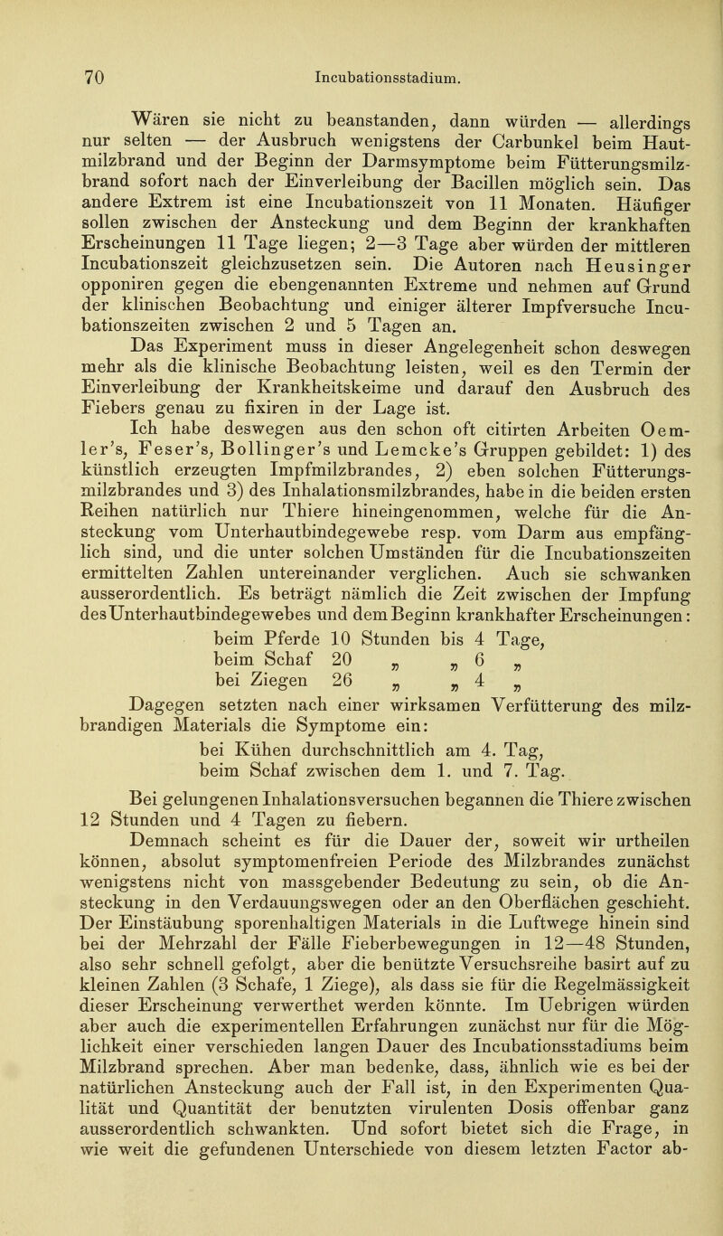 Wären sie nicht zu beanstanden, dann würden — allerdings nur selten — der Ausbruch wenigstens der Carbunkel beim Haut- milzbrand und der Beginn der Darmsymptome beim Fütterungsmilz- brand sofort nach der Einverleibung der Bacillen möglich sein. Das andere Extrem ist eine Incubationszeit von 11 Monaten. Häufiger sollen zwischen der Ansteckung und dem Beginn der krankhaften Erscheinungen 11 Tage liegen; 2—3 Tage aber würden der mittleren Incubationszeit gleichzusetzen sein. Die Autoren nach Heusinger opponiren gegen die ebengenannten Extreme und nehmen auf Grund der klinischen Beobachtung und einiger älterer Impfversuche Incu- bationszeiten zwischen 2 und 5 Tagen an. Das Experiment muss in dieser Angelegenheit schon deswegen mehr als die klinische Beobachtung leisten, weil es den Termin der Einverleibung der Krankheitskeime und darauf den Ausbruch des Fiebers genau zu fixiren in der Lage ist. Ich habe deswegen aus den schon oft citirten Arbeiten Oem- ler's, Feser's; BoUinger's und Lemcke's Gruppen gebildet: 1) des künstlich erzeugten Impfmilzbrandes, 2) eben solchen Fütterungs- milzbrandes und 3) des Inhalationsmilzbrandes, habe in die beiden ersten Reihen natürlich nur Thiere hineingenommen, welche für die An- steckung vom Unterhautbindegewebe resp. vom Darm aus empfäng- lich sind, und die unter solchen Umständen für die Incubationszeiten ermittelten Zahlen untereinander verglichen. Auch sie schwanken ausserordentlich. Es beträgt nämlich die Zeit zwischen der Impfung des Unterhautbindegewebes und dem Beginn krankhafter Erscheinungen: beim Pferde 10 Stunden bis 4 Tage, beim Schaf 20 „ „ ^ „ bei Ziegen 26 ^ ^ 4 „ Dagegen setzten nach einer wirksamen Verfütterung des milz- brandigen Materials die Symptome ein: bei Kühen durchschnittlich am 4. Tag, beim Schaf zwischen dem 1. und 7. Tag. Bei gelungenen Inhalationsversuchen begannen die Thiere zwischen 12 Stunden und 4 Tagen zu fiebern. Demnach scheint es für die Dauer der, soweit wir urtheilen können, absolut Symptomenfreien Periode des Milzbrandes zunächst wenigstens nicht von massgebender Bedeutung zu sein, ob die An- steckung in den Verdauungswegen oder an den Oberflächen geschieht. Der Einstäubung sporenhaltigen Materials in die Luftwege hinein sind bei der Mehrzahl der Fälle Fieberbewegungen in 12—48 Stunden, also sehr schnell gefolgt, aber die benützte Versuchsreihe basirt auf zu kleinen Zahlen (3 Schafe, 1 Ziege), als dass sie für die Regelmässigkeit dieser Erscheinung verwerthet werden könnte. Im Uebrigen würden aber auch die experimentellen Erfahrungen zunächst nur für die Mög- lichkeit einer verschieden langen Dauer des Incubationsstadiums beim Milzbrand sprechen. Aber man bedenke, dass, ähnlich wie es bei der natürlichen Ansteckung auch der Fall ist, in den Experimenten Qua- lität und Quantität der benutzten virulenten Dosis offenbar ganz ausserordentlich schwankten. Und sofort bietet sich die Frage, in wie weit die gefundenen Unterschiede von diesem letzten Factor ab-