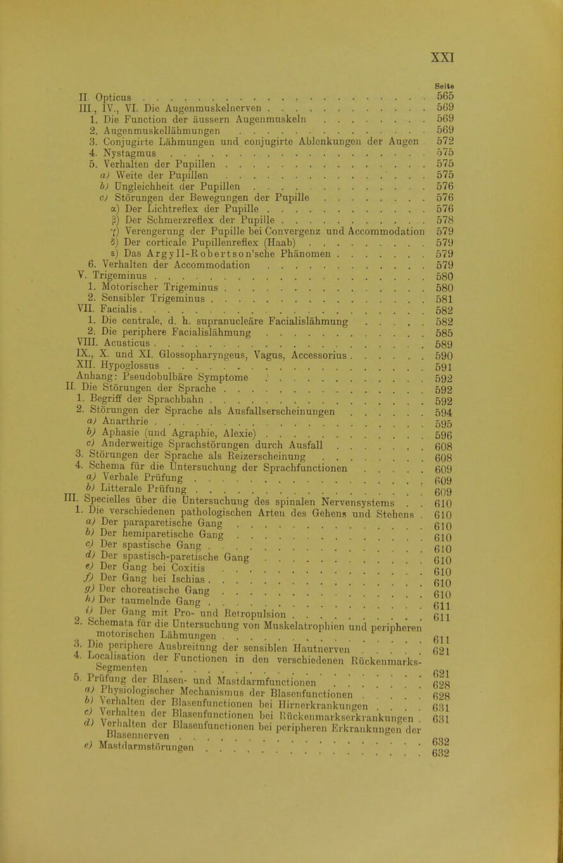 Seite II. Opticus 565 III, , IV., VI. Die Augenmuskolnerven 569 1. Die Function der äussern Augenmuskeln 569 2. Augenmuskcllähmungen 569 3. Conjugiite Lähmungen und conjugirte Ablenkungen der Augen . 572 4. Nystagmus 575 5. Verhalten der Pupillen 575 a) Weite der Pupillen 575 h) Ungleichheit der Pupillen 576 c) Störungen der Bewegungen der Pupille 576 a) Der Lichtreflex der Pupille 576 ß) Der Schmerzreflex der Pupille 578 'f) Verengerung der Pupille bei Gonvergenz und Accommodation 579 8) Der corticale Pupillenreflex (Haab) 579 s) Das Argyll-Robertson'sche Phänomen 579 6. Verhalten der Accommodation 579 V. Trigeminus 580 1. Motorischer Trigeminus 580 2. Sensibler Trigeminus 581 VII. Facialis 582 1. Die centrale, d. h. supranucleäre Facialislähmung 582 2-. Die periphere Facialislähmung 585 VIII. Acusticus . 589 IK., X. und XI. Glossopharyngeus, Vagus, Accessorius 590 XII. Hypoglossus 591 Anhang: Pseudobulbäre Symptome 592 II. Die Störungen der Sprache 592 1. Begriff der Sprachbahn 592 2. Störungen der Sprache als Ausfallserscheinungen 594 a) Anarthrie 595 Aphasie (und Agraphie, Alexie) 596 c) Anderweitige Sprachstörungen durch Ausfall 608 3. Störungen der Sprache als Reizerscheinung 608 4. Schema für die Untersuchung der Sprachfunctionen ..... 609 a) Verbale Prüfung PQ9 h) Litterale Prüfung . . . 609 III. Specielles über die Untersuchung des spinalen Nervensystems . '. 610 1. Die verschiedenen pathologischen Arten des Gehens und Stehens . 610 a) Der paraparetische Gang g^Q h) Der hemiparetiscbe Gang 610 c) Der spastische Gang ' 610 d) Der spastisch-paretische Gang . . 610 Der Gang bei Coxitis i '. 610 f) Der Gang bei Ischias . . . 610 g) Der choreatische Gang ... ria h) Der taumelnde Gang •• ^ i ^ 611 i) Der Gang mit Pro- und Retropulsion 611 Schemata für die Untersuchung von Muskelatrophien und peripheren motorischen Lähmungen g^j 3. Die periphere Ausbreitung der sensiblen Hautnerven621 4. Localisation der Functionen in den verschiedenen Rückenmarks- begmenten 5. Prüfung der Blasen- und Mas'tdarmfunctionen ' .g28 a) Physiologischer Mechanismus der Blascnfunctionen ' 628 b) Verha ten der Blascnfunctionen bei Hirnerkrankungen ' ' 631 ^7) v/i 1 Bl'isenfunctionen bei liückenmarkserkrankungon . 631 d) Verl,ali:on der Blascnfunctionen bei peripheren Erkrankungen der Blasennerven .... e f) Mastdarmstörungon g32