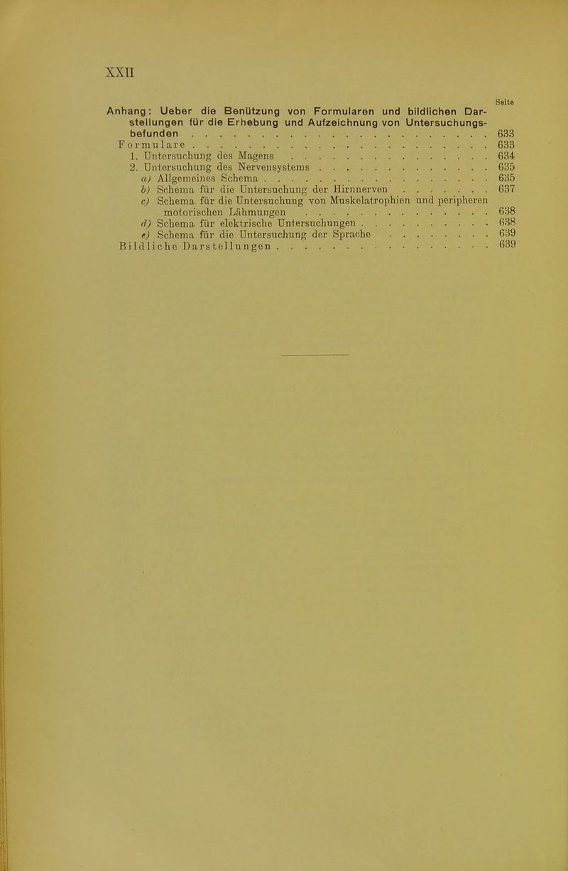 Seite Anhang: Ueber die Benützung von Formularen und bildlichen Dar- stellungen für die Erhebung und Aufzeichnung von Untersuchungs- befunden 633 Formulare 633 1. Untersuchung des Magens 634 2. Untersuchung des Nervensystems 635 a) Allgemeines Schema 635 h) Schema für die Untersuchung der Hirnnerven 637 c) Schema für die Untersuchung von Muskelatrophien und peripheren motorischen Lähmungen 638 d) Schema für elektrische Untersuchungen 638 f) Schema für die Untersuchung der Sprache 639 Bildliche Darstellungen 639