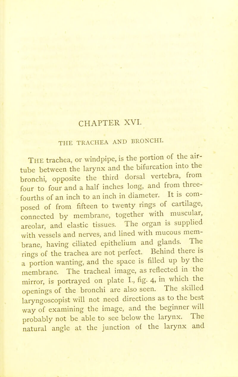 CHAPTER XVI. THE TRACHEA AND BRONCHI. The trachea, or windpipe, is the portion of the air- tube between the larynx and the bifurcation into the bronchi, opposite the third dorsal vertebra, from four to four and a half inches long, and from three- fourths of an inch to an inch in diameter. It is com- posed of from fifteen to twenty rings of cartilage, connected by membrane, together with muscular, areolar, and elastic tissues. The organ is supplied with vessels and nerves, and lined with mucous mem- brane, having ciliated epithelium and glands. The rings of the trachea are not perfect. Behind there is a portion wanting, and the space is filled up by the membrane. The tracheal image, as reflected in the mirror, is portrayed on plate I., fig. 4, in which the openings of the bronchi are also seen. The skilled laryngoscopist will not need directions as to the best way of examining the image, and the beginner will probably not be able to see below the larynx. The natural angle at the junction of the larynx and