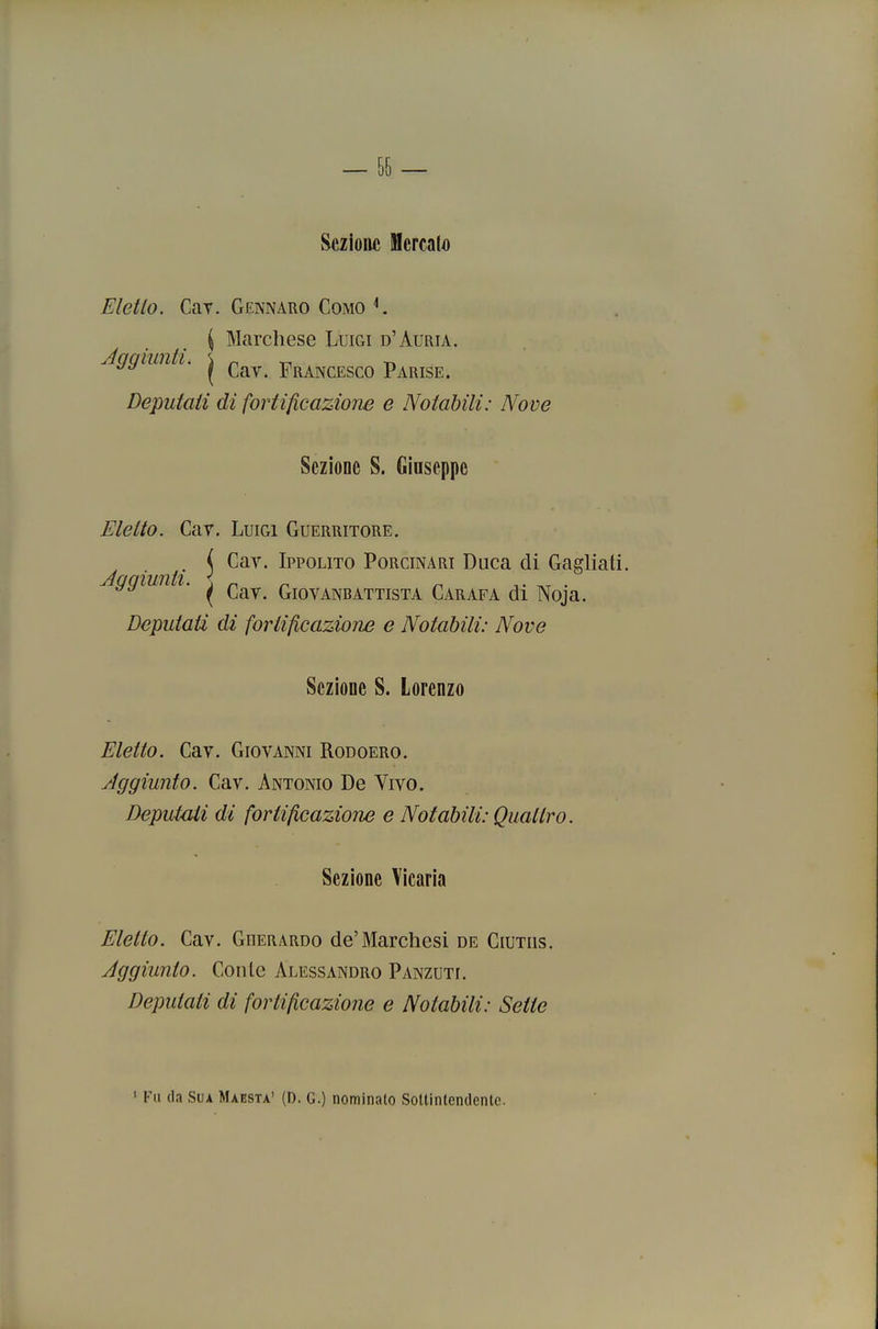 — &5 — Sczioiic Mcrcaltì Eletto. Gay. Gennaro Como ^ j Marchese Luigi d'Auria. Agqiunti. \ ^ r^ n ( Gay. Francesco Parise. Deputati di fortificazione e Notabili: Nove Sezione S. Ginseppe Eletto. Gay. Luigi Guerritore. , j Gay. Ippolito Porcinari Duca di Gagliati. ' \ Gay. Giovanbattista Garafa di Noja. Deputati di fortificazione e Notabili: Nove Sezione S. Lorenzo Eletto. Gay. Giovanni Rodoero. Aggiunto. Gay. Antonio De Vìvo. Deputali di fortificazione e Notabili: Quattro. Sezione Vicaria Eletto. Gay. Gherardo de'Marchesi de Giutiis. Aggiunto. Gonle Alessandro Panzuti. Dejmtati di fortificazione e Notabili: Sette ' Fu (la Sua Maestà' (I). G.) nominalo SoUinlendentc