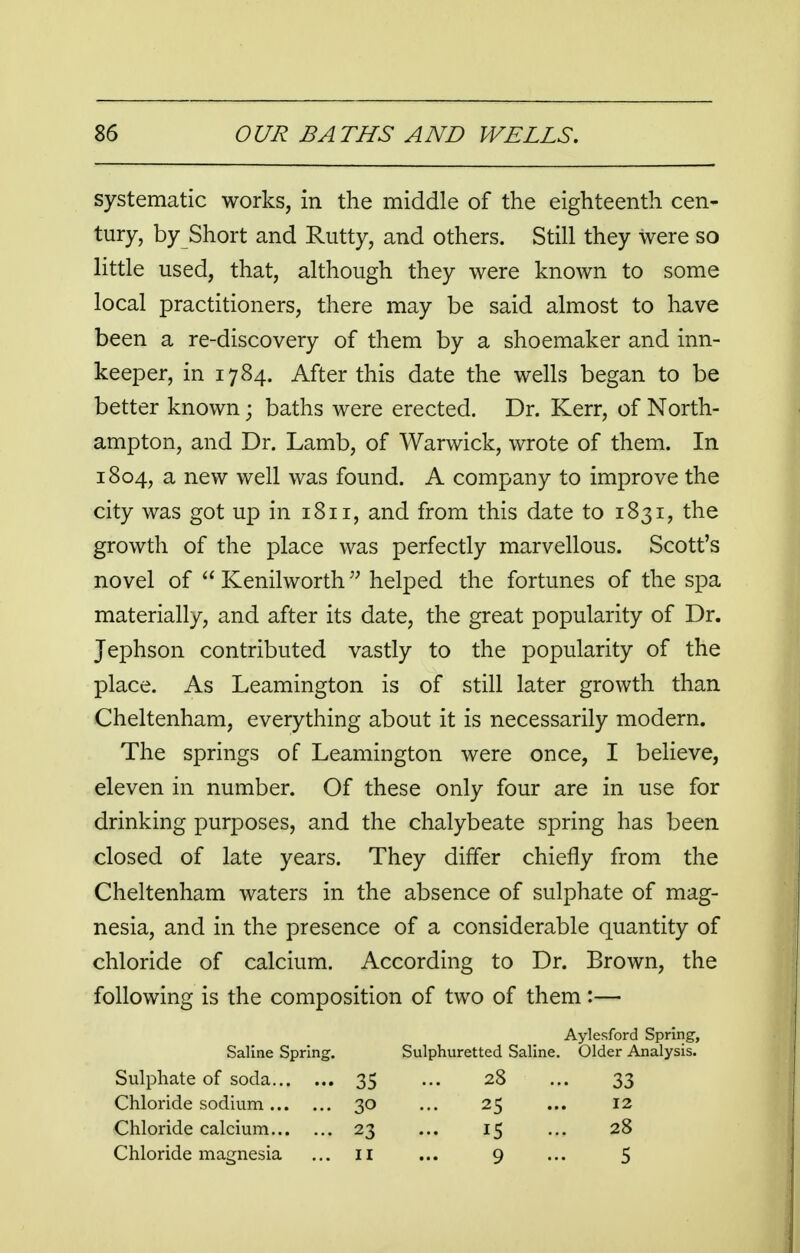 systematic works, in the middle of the eighteenth cen- tury, by Short and Rutty, and others. Still they were so little used, that, although they were known to some local practitioners, there may be said almost to have been a re-discovery of them by a shoemaker and inn- keeper, in 1784. After this date the wells began to be better known; baths were erected. Dr. Kerr, of North- ampton, and Dr. Lamb, of Warwick, wrote of them. In 1804, a new well was found. A company to improve the city was got up in 1811, and from this date to 1831, the growth of the place was perfectly marvellous. Scott's novel of  Kenilworthw helped the fortunes of the spa materially, and after its date, the great popularity of Dr. Jephson contributed vastly to the popularity of the place. As Leamington is of still later growth than Cheltenham, everything about it is necessarily modern. The springs of Leamington were once, I believe, eleven in number. Of these only four are in use for drinking purposes, and the chalybeate spring has been closed of late years. They differ chiefly from the Cheltenham waters in the absence of sulphate of mag- nesia, and in the presence of a considerable quantity of chloride of calcium. According to Dr. Brown, the following is the composition of two of them:— Aylesford Spring, Saline Spring. Sulphuretted Saline. Older Analysis. Sulphate of soda... ... 35 28 33 Chloride sodium ... ... 30 25 12 Chloride calcium... ... 23 15 28 Chloride magnesia ... 11 9 5
