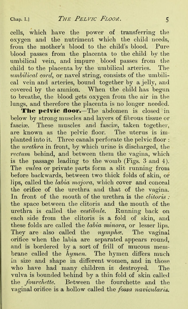 cells, which have the power of transferring the oxygen and the nutriment which the child needs, from the mother's blood to the child's blood. Pure blood passes from the placenta to the child by the umbilical vein, and impure blood passes from the child to the placenta by the umbilical arteries. The umbilical cord, or navel string, consists of the umbili- cal vein and arteries, bound together by a jelly, and covered by the amnion. When the child has begun to breathe, the blood gets oxygen from the air in the lungs, and therefore the placenta is no longer needed. The pelvic floor.—The abdomen is closed in below by strong muscles and layers of fibrous tissue or fasciae. These muscles and fasciae, taken together, are known as the pelvic floor. The uterus is im- planted into it. Three canals perforate the pelvic floor : the urethra in front, by which urine is discharged, the rectum behind, and between them the vagina, which is the passage leading to the womb (Figs. 3 and 4). The vulva or private parts form a slit running from before backwards, between two thick folds of skin, or lips, called the labia majora, which cover and conceal the orifice of the urethra and that of the vagina. In front of the mouth of the urethra is the clitoris ; the space between the clitoris and the mouth of the urethra is called the vestibule. Running back on each side from the clitoris is a fold of skin, and these folds are called the labia minora, or lesser lips. They are also called the nymphai. The vaginal orifice when the labia are separated appears round, and is bordered by a sort of frill of mucous mem- brane called the hymen. The hymen differs much in size and shape in different women, and in those who have had many children is destroyed. The vulva is bounded behind by a thin fold of skin called the fourchette. Between the fourchette and the vaginal orifice is a hollow called the fossa navicularis*