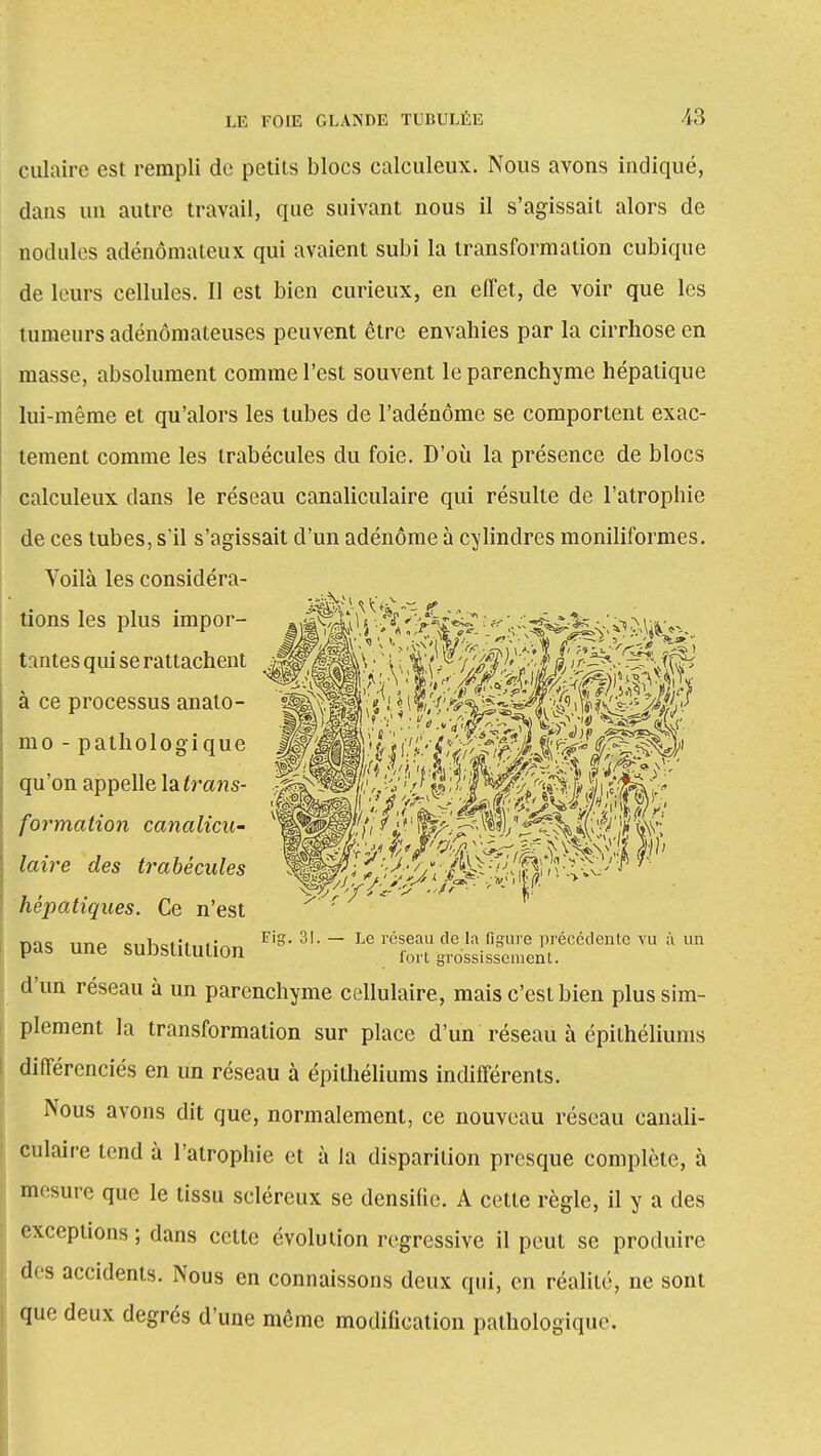 culaire est rempli de petits blocs ealculeux. Nous avons indiqué, dans un autre travail, que suivant nous il s'agissait alors de nodules adénômateux qui avaient subi la transformation cubique de leurs cellules. Il est bien curieux, en effet, de voir que les tumeurs adénômateuses peuvent être envahies par la cirrhose en masse, absolument comme l'est souvent le parenchyme hépatique lui-même et qu'alors les tubes de l'adénome se comportent exac- tement comme les trabécules du foie. D'où la présence de blocs ealculeux dans le réseau canaliculaire qui résulte de l'atrophie de ces tubes, s'il s'agissait d'un adénome à cylindres moniliformes. Voilà les considéra- tions les plus impor- tantes qui se rattachent à ce processus anato- mo - pathologique qu'on appelle l&trans- formation canalicu- laire des trabécules hépatiques. Ce n'est pas une substitution d'un réseau à un parenchyme cellulaire, mais c'est bien plus sim- plement la transformation sur place d'un réseau à épithéliums différenciés en un réseau à épithéliums indifférents. Nous avons dit que, normalement, ce nouveau réseau eanali- : culaire tend à l'atrophie et à la disparition presque complète, à mesure que le tissu scléreux se densilie. A cette règle, il y a des exceptions ; dans cette évolution régressive il peut se produire des accidents. Nous en connaissons deux qui, en réalité, ne sont que deux degrés d'une môme modification pathologique.