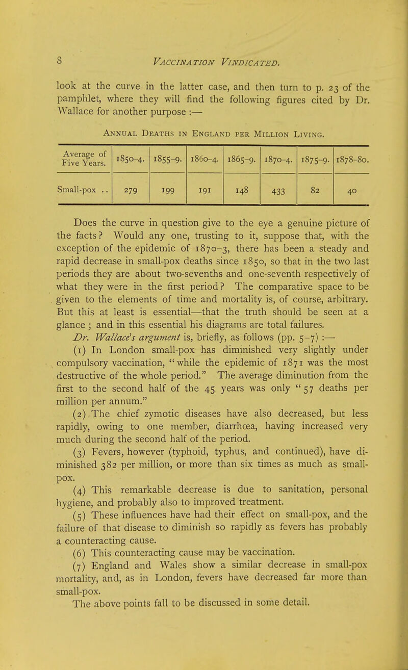 look at the curve in the latter case, and then turn to p. 23 of the pamphlet, where they will find the following figures cited by Dr. Wallace for another purpose :— Annual Deaths in England per Million Living. Average of Five Years. 1850-4. 1855-9- 1860-4. 1865-9. 1870-4. I875-9- 1878-80. Small-pox .. 279 199 191 148 433 82 40 Does the curve in question give to the eye a genuine picture of the facts ? Would any one, trusting to it, suppose that, with the exception of the epidemic of 1870-3, there has been a steady and rapid decrease in small-pox deaths since 1850, so that in the two last periods they are about two-sevenths and one-seventh respectively of what they were in the first period ? The comparative space to be given to the elements of time and mortality is, of course, arbitrary. But this at least is essential—that the truth should be seen at a glance ; and in this essential his diagrams are total failures. Dr. Wallace's argument is, briefly, as follows (pp. 5-7) :— (1) In London small-pox has diminished very slightly under compulsory vaccination, while the epidemic of 1871 was the most destructive of the whole period. The average diminution from the first to the second half of the 45 years was only 57 deaths per million per annum. (2) The chief zymotic diseases have also decreased, but less rapidly, owing to one member, diarrhoea, having increased very much during the second half of the period. (3) Fevers, however (typhoid, typhus, and continued), have di- minished 382 per million, or more than six times as much as small- pox. (4) This remarkable decrease is due to sanitation, personal hygiene, and probably also to improved treatment. (5) These influences have had their effect on small-pox, and the failure of that disease to diminish so rapidly as fevers has probably a counteracting cause. (6) This counteracting cause may be vaccination. (7) England and Wales show a similar decrease in small-pox mortality, and, as in London, fevers have decreased far more than small-pox. The above points fall to be discussed in some detail.