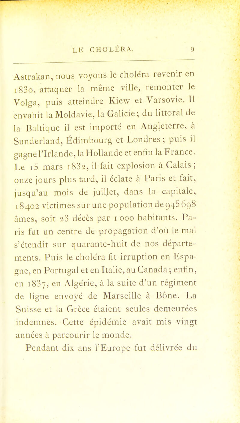 Astrakan, nous voyons le choléra revenir en i83o, attaquer la même ville, remonter le Volga, puis atteindre Kiew et Varsovie. Il envahit la Moldavie, la Galicie; du littoral de la Baltique il est importé en Angleterre, à Sunderland, Edimbourg et Londres; puis il gagne l'Irlande, la Hollande et enfin la France. Le i5 mars 183-2, il fait explosion à Calais; onze jours plus tard, il éclate à Paris et fait, jusqu'au mois de juillet, dans la capitale, 18402 victimes sur une population de 945 698 âmes, soit 23 décès par 1 000 habitants. Pa- ris fut un centre de propagation d'où le mal s'étendit sur quarante-huit de nos départe- ments. Puis le choléra fit irruption en Espa- gne, en Portugal et en Italie, au Canada ; enfin, en 1837, en Algérie, à la suite d'un régiment de ligne envoyé de Marseille à Bône. La Suisse et la Grèce étaient seules demeurées indemnes. Cette épidémie avait mis vingt années à parcourir le monde. Pendant dix ans l'Europe fut délivrée du