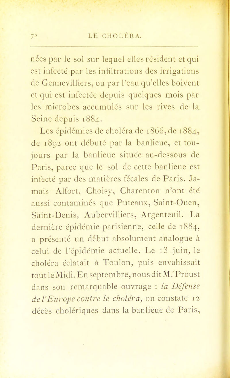 nées par le sol sur lequel elles résident et qui est infecte' par les infiltrations des irrigations de Gennevilliers, ou par l'eau qu'elles boivent et qui est infectée depuis quelques mois par les microbes accumulés sur les rives de la Seine depuis [884. Les épidémies de choléra de 1866, de 1884, de 1892 ont débuté par la banlieue, et tou- jours par la banlieue située au-dessous de Paris, parce que le sol de cette banlieue est infecté par des matières fécales de Paris. Ja- mais Alfort, Choisy, Charenton n'ont été aussi contaminés que Puteaux, Saint-Ouen, Saint-Denis, Aubervilliers, Argenteuil. La dernière épidémie parisienne, celle de 1884, a présenté un début absolument analogue à celui de l'épidémie actuelle. Le i3 juin, le choléra éclatait à Toulon, puis envahissait tout le Midi. En septembre, nous dit M/Proust dans son remarquable ouvrage : la Défense de l'Europe contre le choléra, on constate 12 décès cholériques dans la banlieue de Paris,