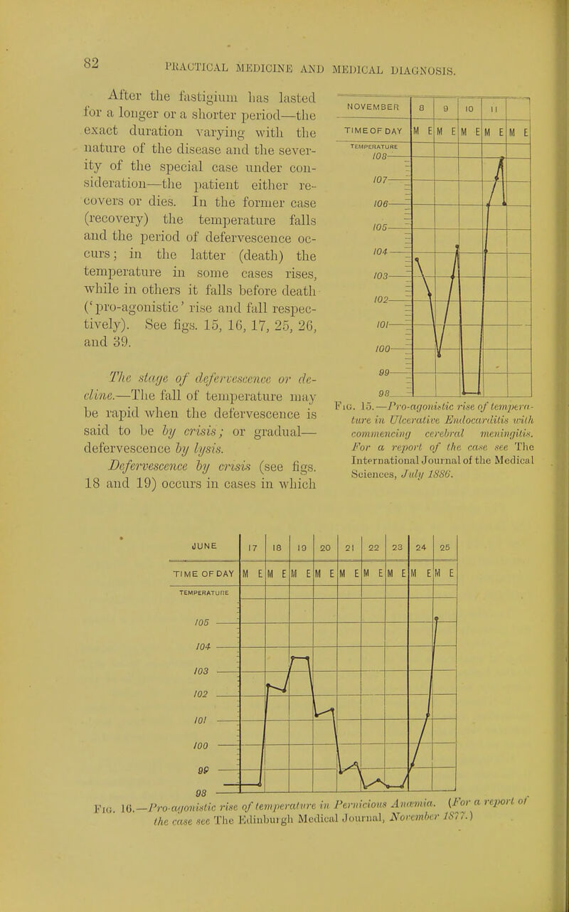 After the fastigiuiu has Lasted I'or a longer or a shorter period—the exact duration varying M'ith the nature of the disease and the sever- ity of the special case under con- sideration—tlie patient either re- covers or dies. In the former case (recovery) tlie temperature falls and the period of defervescence oc- curs ; in the latter (death) the temperature in some cases rises, while in others it falls before death ('pro-agonistic' rise and fall respec- tively). See figs. 15, 16, 17, 25, 26, and 39. Tlie stuye of defervescence or de- cline.—The fall of temperature may be rapid when the defervescence is said to be hy crisis; or gradual— defervescence hj lysis. Defervescence hy crtsif (see figs. 18 and 19) occurs in cases in which FiG. 15.—Pro-agonutic rise of tem2>trfi- tare in Ulcerative Eiidocardilis tnth cominencinij cerebral mciiinrjiiis. For a 7-eport of the cai^e see Tlie International Journal of the Medical Sciences, July 1SS6. JUNE 17 la 10 20 21 22 23 24 25 TIME OF DAY M E M E M E M E M E M E M E M E H E TEMPERATUriE 105 —; 104- —; 103 —; 102 101 —; / 100 —; u 99 —; no . Fig. Hi.—Pro-a<iormtic rise of (emperatvre in Fervicious Ana'viia. (Fi the case see The Edinbujgh Medical Journal, Normber IS?: