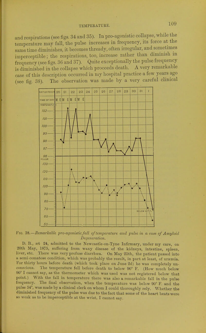 and respirations (see figs. 34 and 35). In pro-agonistic collapse, while the temperature may fall, the pulse increases in frequency, its force at the same time diminishes, it becomes thready, often irregular, and sometimes imperceptible; the respirations, too, increase rather than dimmish m frequency (see figs. 36 and 37). Quite exceptionally the pulse frequency is diminished in the collapse which proceeds death. A very remarkable case of this description occurred in my hospital practice a few years ago (see fig. 38). The observation was made by a very careful clinical Fro. 38.—Bemarkable pro-agonistic fall of temperature and pulse in a case of Amyloid Degeneration. D. B., ffit 24, admitted to the Newcastle-on-Tyne Infirmary, under my care, on 20th May, 1875, suffering from waxy disease of the kidneys, intestine, spleen, liver, etc. There was very profuse diarrhoea. On May 25th, the patient passed into a semi-comatose condition, which was probably the result, in part at least, of urjemia. For thirty hours before death (which took place on June 2d) he was completely un- conscious. The temperature fell before death to below 90° F. (How much below 90° I cannot say, as the thermometer which was used was not registered below that point.) With the fall in temperature there was also a remarkable fall in the pulse frequency. The final observation, when the temperature was below 90° F. and the pulse 54°, was made by a clinical clerk on whom I could thoroughly rely. Whether the diminished frequency of the pulse was due to the fact that some of the heart beats were so weak as to be imperceptible at the wrist, I cannot say.