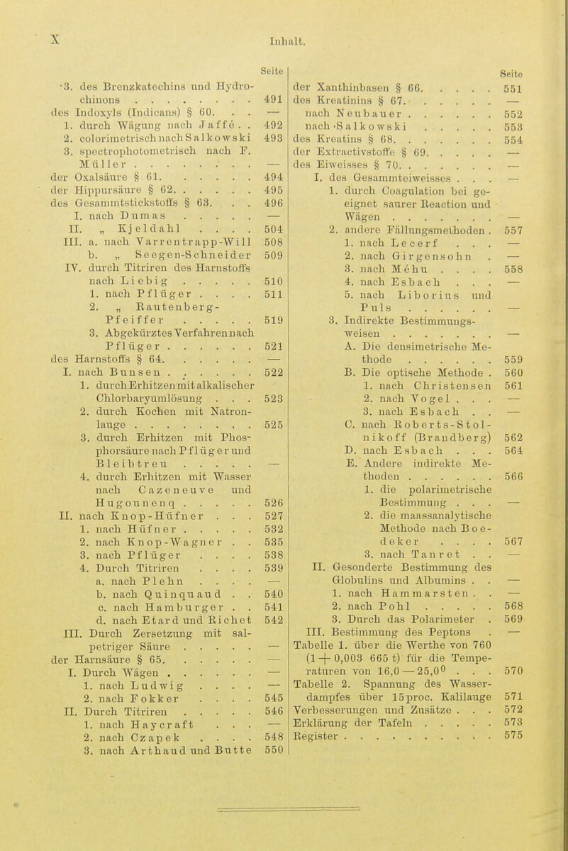 II. III. IV. Seite •3. des Brcnzkatechins und Hydro- chinons 491 des Indoxyls (Indicans) § 60. . . — 1. durch Wägung nach Jaffe. . 492 2. colorimetrischnachSalkowski 493 3. spoctrophotometriseh nach F. Müller — der Oxalsäure § 61 494 der Hippnrsiiuro § 62 495 des Gesammtstickstofts § 63. . . 496 I. nach Dumas — „ Kjeldahl .... 504 a. nach Varrentrapp-Will 508 h. „ Seegen-Schneider 509 durch Titriren des Harnstoft's nach Li ebi g 510 1. nach Pflüger . . . . 511 2. „ Rautenberg- Pfeiffer 519 3. Abgekürztes Verfahren nach Pflüger 521 Harnstoffs § 64 — nach Bunsen 522 1. durchErhitzenmitalkalischer Chlorbarymnlösung . . . 523 2. durch Kochen mit Natron- lauge 525 3. durch Erhitzen mit Phos- phorsiiiire nach P f 1 ü g e r und Bleibtreu . . . 4. durch Erhitzen mit Wasser nach Cazeneuve und Hugounenq . nach Knop-Hüfner . 1. nach Hüfner . 2. nach Knop-Wagne r 3. nach Pf lüg er Durch Titriren a. nach P1 e h n b. nach Q u i n qu au d c. nach Hamburger d. nach Etard und Eichet Durch Zersetzung mit sal- petriger Säure Harnsäure § 65 des I II. 4. III. der I. Durch Wägen 1. nach Ludwig 2. nach E okk er .... II. Durch Titriren 1. nach Haycraft . . . 2. nach Czapek . . . 3. nach Arthaud und Butte 526 527 532 535 538 539 540 541 542 545 546 548 550 Seite der Xanthinbasen § 66 551 des Kreatinins § 67 — nach Neubauer 552 nach'Salkowski 553 des Kreatins 68 554 der Extractivstoffo § 69 — des Eiwei.sses § 70 — I. des Gesammteiweisses ... — 1. durch Coagulation bei ge- eignet saurer Keaction und Wägen — 2. andere Eällungsmethoden . 557 1. nach Le cerf . . . — 2. nach Girgensohn . — 3. nach Mehu . . . . 558 4. nach Esbach . . . — 5. nach Liborius und P u 1 .s — 3. Indirekte Bestimmungs- weisen — A. Die densimetrische Me- thode 559 B. Die optische Methode . 560 1. nach Christensen 561 2. nach Vogel . . . — 3. nach Esbach . . — C. nach Boberts-Stol- nikoff (Brandberg) 562 D. nach Esbach . . . 564 E. Andere indirekte Me- thoden 566 1. die polarimetrische Bestimmung ... — 2. die maassanalytische Methode nachBoe- deker . . . . 567 3. nach Tan r et . . — II. Gesonderte Bestimmung des Globulins und Albumins . . •— 1. nach Hammarsten. . — 2. nach Pohl 568 3. Durch das Polarimeter . 569 III. Bestimmung des Peptons . — Tabelle 1. über die Werthe von 760 (1 + 0,003 665 t) für die Tempe- raturen von 16,0 — 25,0 . . . 570 Tabelle 2. Spannung des Wasser- dampfes über 15proc. Kalilauge 571 Verbesserungen und Zusätze . . . 572 Erklärung der Tafeln 573 Register 575