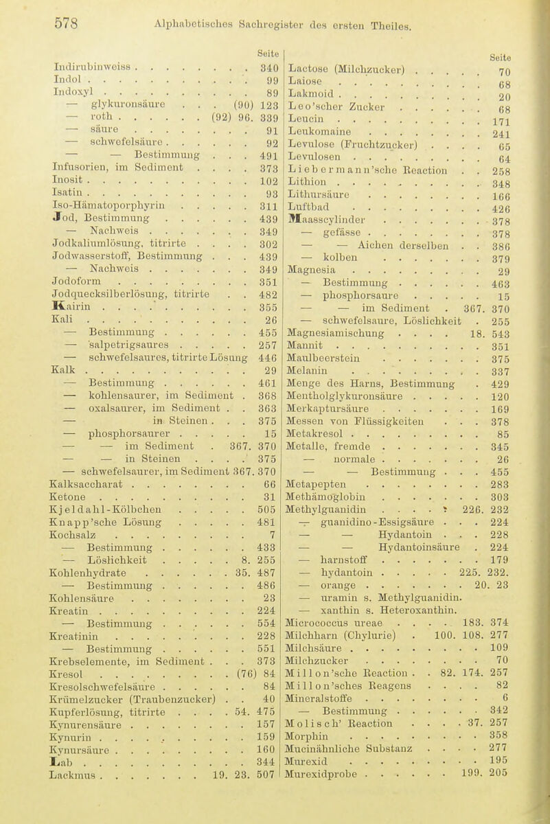 340 Lactoae (Milchzucker) . . 70 99 68 20 89 Lakmoid — glykuroiisäure . . . (!)0) 123 68 —• i'oth (92) 9G. 339 171 91 241 92 Levulose (Fruchtzucker) . . 65 — — Bestimmung 491 64 Infusorien, im Sediment .... 373 Lieber ni a n n 'sehe Beaction 258 102 348 93 166 311 426 439 378 349 — gefässe 378 Jodltaliumlösung, titrirte .... 302 — — Alchen derselben 386 Jodwasserstofl', Bestimmung . 439 — kolben • • 379 349 29 351 463 Jodquecksilberlosung, titrute 482 15 355 — — im Sediment 367. 370 26 — schwefelsaure, Löslichkeit • 255 455 Magnesiamischung .... 18. 543 257 351 — schwefelsaures, titrirte Lösung 446 375 TT« n. 29 337 461 Menge des Harns, Bestimmung • 429 — kohlensaurer, im Sediment . 368 120 — oxalsaurer, im Sediment . 363 169 — in Steinen . 375 Messen von Flüssigkeiten 378 15 85 — —-im Sediment . 367. 370 345 — — in Steinen .... 375 26 — schwefelsaurer, im Sediment 367. 370 — — Bestimmung . 455 Kalksaccharat 66 283 31 303 505 226. 232 481 — guanidino-Essigsäure . . 224 7 — — Hydantoiu . 228 433 ■— — Hydantoinsäure 224 255 179 487 — hydantoin 22^5. 232. — Bestimmung 486 23 — uramiu s. Methylguauidin. 224 — xanthin s. Heteroxanthin. 554 Micrococcus ureae .... 183. 374 228 Milchharn (Chylurie) . 100. 108. 277 551 109 Krebselemente, im Sediment . . . 373 Milchzucker 70 Kresol (76) 84 Mi 11 on'sche Eeactiou . . 82. 174. 257 84 Millon'sches Keagcns 82 Krümelzucker (Traubenzucker) . 40 6 Kupferlösung, titrirte .... 54. 475 342 157 M 01 i s c h' Beaction . . . . 37. £0 1 159 358 160 Muciniihnliche Substanz . . • 277 Liab 344 195 Lackmus 19. 23. 507 Murexidprobe 199. 205