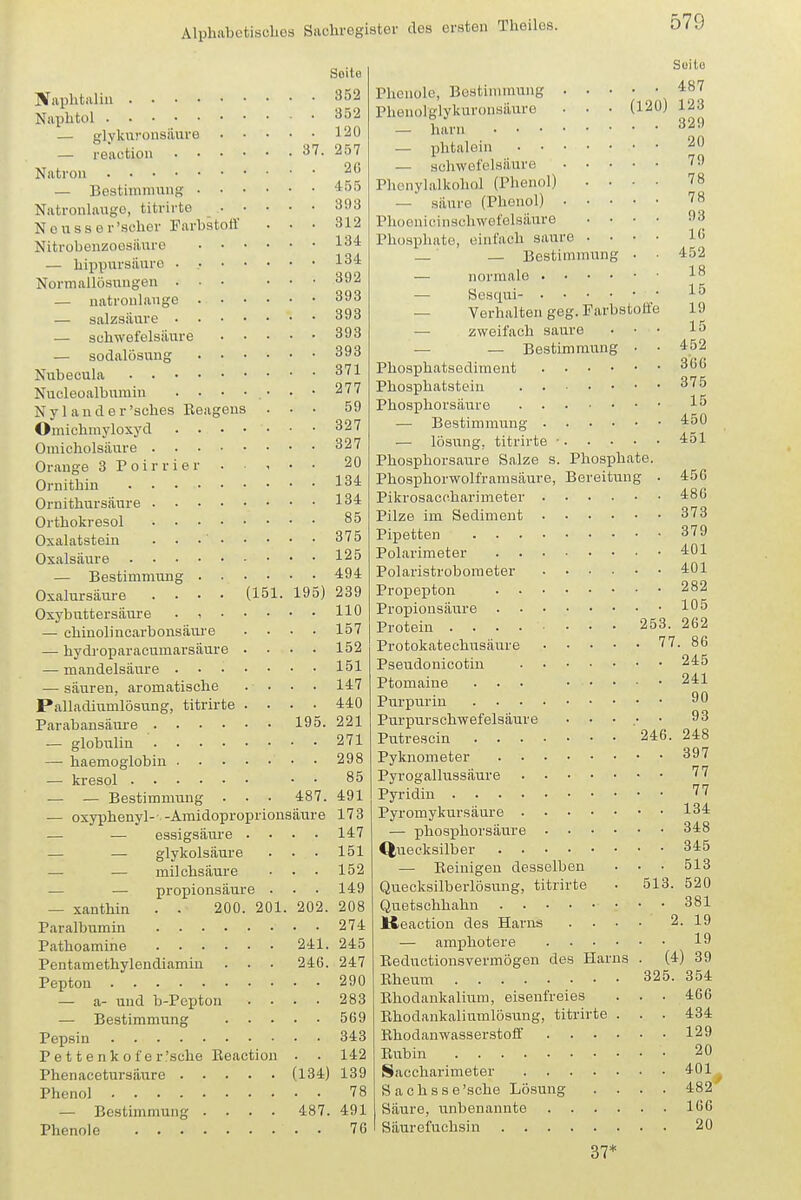 37 (151 195) Naphtaliii Naphtol — glykuronsiiure — reactiou . • • Natron — Bestimmimg • • Natronlauge, titrirte ■ N o u s s e r 'scher rarbstoff Nitrobenzoesiiure . • — hippursiiure . .• Normallösungen . ■ • — natroulange . • — salzs.äure • — schwefelsaure — sodalösuug . ■ Nubecula Nucleoalbumin . • • N y 1 a n d e r 'sches Beagens Omichmyloxyd . . • Omicliolsiiure . . . ■ Orange 3 P o i r r i e r . Ornithin Ornithursäure .... Orthokresol .... Oxalatstein . • • • Oxalsäure — Bestimmung . • Oxalursäure .... Oxybuttersiiure . , ■ — chiuolincarbonsäure — hydroparacumarsäure — mandelsaure . • — säuren, aromatische Palladiumlösung, titrirte Parabansäure .... — globulin .... — haemoglobin . . ■ — kresol — — Bestimmung . — oxyphenyl---Amidopropr — — essigsaure . — — glykolsäure — — milchsäure — — Propionsäure — xanthin . . 200. 201. 202. Paralbumin . ■ • Pathoamine . . . Pentamethylendiamin Pepton — a- und b-Pepton — Bestimmung Pepsin Pettenkofer'sehe ßeaction Phenacetursäure . . Phenol — Bestimmung . Phenole .... 195 487 lonsäiir 241. 246. (134) 487. SDite 352 352 120 257 2G 455 393 312 134 134 392 393 393 393 393 371 277 59 327 327 20 134 134 85 375 125 494 239 110 157 152 151 147 440 221 271 298 85 491 173 147 151 152 149 208 274 245 247 290 283 569 343 142 139 78 491 76 Suitü Phenole, Bestimmung 487 Phenolglykuronsäm-e . • • (120) 123 — harn — phtalein 20 — schwefelsaure '^^ Phenylalkohol (Phenol) .... 78 — säure (Phenol) 78 Phocnicinschwefelsäure .... 93 Phosphate, einfach saure .... 16 _' __ Bestimmung • • 452 — normale — Sesqui • • ■— Ver halten geg. Farbstoffe 19 — zweifach saure . • • 15 — — Bestimmung • • 452 Phosphatsediment Phosphatstein . 375 Phosphorsäure 1^ — Bestimmung 450 — lösung, titrirte • 451 Phosphorsaure Salze s. Phosphate. Phosphorwolframsäure, Bereitung . 456 Pikrosacoharimeter 486 Pilze im Sediment 373 Pipetten 379 Polarimeter 401 Polaristrobometer 401 Proxoepton 282 Propionsäure 105 Protein ....... 253. 262 Protokatechusäure 77. 86 Pseudonicotin 245 Ptomaine ... 241 Purpurin 90 Purpurschwefelsäure ..... 93 Putrescin 246. 248 Pyknometer 397 Pyrogallussäure 77 Pyridin 77 Pyromykursäure 134 — phosphorsäure 348 Quecksilber 345 — Eeinigen desselben • • • 513 Quecksilberlösung, titrirte • 513. 520 Quetschhahn 381 lÄeaction des Harns . . ■ • 2. 19 — amphotere 19 Eeductionsvermögen des Harns . (4) 39 Bheum 325. 354 Ehodankalium, eisenfreies . . ■ 466 Ehodankaliumlösung, titrirte . . . 434 Ehodan Wasserstoff 129 Eubin 20 Saccharimeter 401^ Sachsse'sche Lösung .... 482 Säure, unbenannte 166 Säurefuchsiu 20 37*