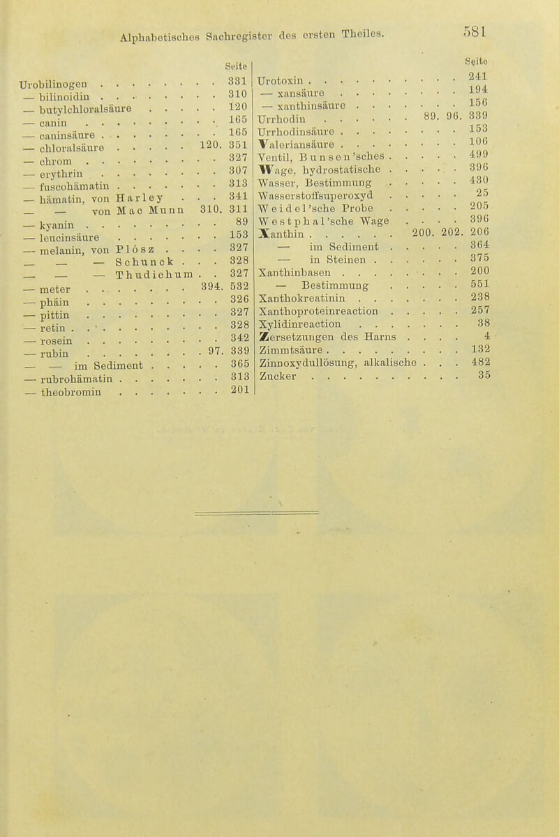 Si'ite Urobilinogen 331 — bilinoidin 310 — butylchlüralsäure 120 — canin xvo — caninsiiure 1^5 — chloralsäure 120. 351 — ehroni 327 — erytbrin 307 — tuscohämatin 313 — hiimatin, von H a r 1 e y . • • 341 _ _ von Mao Munn 310. 311 — kynnin — lencinsiiure 153 — nielanin, von Plösz . . • ■ 327 _ _ — Schunck ... 328 _ _ — Thiidichum . . 327 — meter 394. 532 — phäin 326 -pittin 327 — retin . . • 328 — rosein 342 — rubin ^7. 339 — — im Sediment 365 — rubrobümatin 313 — theobromin 201 ürotoxin .... — xansanre — xanthinsiiuro . Urrhodin . . • Urrhodinsiiure . Valeriansänre . Ventil, Bunseu'scbes Wage, hydrostatische Wasser, Bestimmung Wasserstoffsuperoxyd W e i d e 1 'sehe Probe Westphal'sche Wage Xanthin — im Sediment — in Steinen . Xanthinbasen . — Bestimmung Xanthokreatinin . Xanthoproteinreaction Xylidinreaction . . Zersetzungen des Harns Zimmtsäure . . Zinnoxydullösung, alkalische Zucker 89 200. S^ite 241 194 156 96. 339 153 106 499 396 430 25 205 396 202. 206 364 375 200 551 238 257 38 4 132 482 35