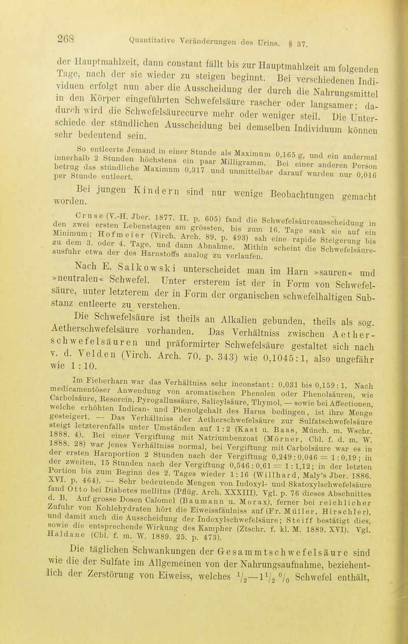 26S der Hauptmahlzeit, dann constant fällt bis zur Hauptraalilzeit am folgenden Tage, nach der sie wieder zu steigen beginnt. Bei verschiedeneu Indi- viduen erfolgt nun aber die Ausscheidung der durch die Nahrungsmittel m den Korper eingefülirten Schwefelsäure rascher oder langsam r? da- durcli wird die Schwefelsäurecurve mehr oder weniger steil. Die Unter schiede der stündlichen Ausscheidung bei demselben Individuum können sehr bedeutend sein. innerl!?bTSd^lSlrslf^f: alsMaxi^u. 0.165 g, und ein andenna, betrug das stündlicL nZ TsiTLf Zlnmu f P^'-'^ per Stunde entleert. ' unmittelbar darauf wurden nur O.OIG wordet' '''^ Beobachtungen gemacht Nach E. Salkowski unterscheidet man im Harn »sauren« und =*neutralen« Schwefel. Unter ersterem ist der in Form von Schwefel- saure, unter letzterem der in Form der organischen schwefelhaltigen Sub- stanz entleerte zu verstehen. Die Schwefelscäure ist theils an Alkalien gebunden, theils als sog Aetherschwefelsäure vorhanden. Das Verhältniss zwischen Aether- schwefelsäuren und präformirter Schwefelsäure gestaltet sich nach v._ d. Yelden (Virch. Arch. 70. p. 343) wie 0,1045:1, also ungefähr wie 1 :10. Im Fieberbarn war das Verhältniss sehr incoustant: 0,031 bis 0 159 • 1 Nach rr,0.nr«r T,' aromatischen Phenolen oder Phenolsäur^i, wie WP T\^''°t'.' ^yi'°g'^ll^««äure, Salicylsäure, Thymol. - sowie bei Affectionen, welche erhöhten Indican- und Phenolgehalt des Harns bedingen, ist ihre Menge fw/^r/V ~ r ,f ^^'■^^'^^«s der Aetherschwefelsäure zur Sulfatschwefelsäure i««f ™ter Umständen auf 1: 2 (Kast u. Baas, Münch, m. Wschr. ISS« o«\ mit Natriumbenzoat (Mörner, Cbl. f. d. m. W i»S8. 28) v.'^r jenes Verhältniss normal, bei Vergiftung mit Carbolsaure war es in aer ersten Harnportion 2 Stunden nach der Vergiftung 0,249 :0.046 = 1 • 0 19 • in der zweiten, 15 Stunden nach der Vergiftung 0,546 : 0,61 = 1:1,12; in der letzten Portion bis zum Beginn des 2. Tages wieder 1:16 (WiUhard, Maly's Jber. 1886. 7 1 ni. • ~ bedeutende Mengen von Indoxyl- und Skatoxylschwefelsäure fand Otto bei Diabetes mellitus (Pflüg. Arch. XXXIII). Vgl. p. 76 dieses Abschnittes a. a Auf grosse Dosen Calomel (Baumann u. Morax), ferner bei reichlicher Auxuhv von Kohlehydraten hört die Eiweissfäulniss auf (Fr. Müller, Hirschler), und damit auch die Ausscheidung der Indoxylschwefelsäure; Steiff bestätigt dies, sowie die entsprechende Wirkung des Kampher (Ztschr. f. kl. M. 1889. XVI). Vgl. Haidane (Cbl. f. m. W. 1889. 25. p. 473). Die täglichen Schwankungen der G e s a m m t s c h w e f e 1 s ä u r e sind wie die der Sulfate im Allgemeinen von der Nahrungsaufnahme, beziehent- lich der Zerstörung von Eiweiss, welches i/,_ii/, Schwefel enthält,