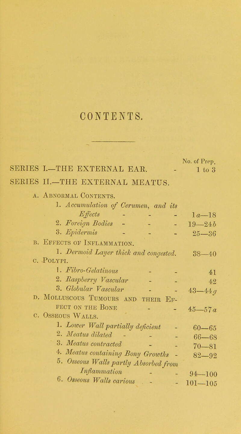 CONTENTS. No. of Prep SERIES I.—THE EXTERNAL EAR. - 1 to 3 SERIES II.—THE EXTERNAL MEATUS. a. Abnormal Contents. 1. Accumulation of Cerumen, and its Effects - - - la—18 2. Foreign Bodies - 19—24 b 3. Epidermis - 25 36 b. Effects of Inflammation. 1. Dermoid Layer thick and congested. 38 40 c. Polypi. 1. Fibro-Gelatinous - - 41 2. Raspberry Vascular - 42 3. Globular Vascular - - 43 44^ d. Molluscous Tumours and their Ef- fect on the Bone - - 45 ^a c. Osseous Walls. 1. Lower Wall partially deficient - 60 65 2. Meatus dilated - qq 3. Meatus contracted - . 70 4. Meatus containing Bony Growths - 82 92 5. Osseous Walls partly Absorbed from Inflammation - _ 94 jqq 6. Osseous Walls carious . - _ iqj i05