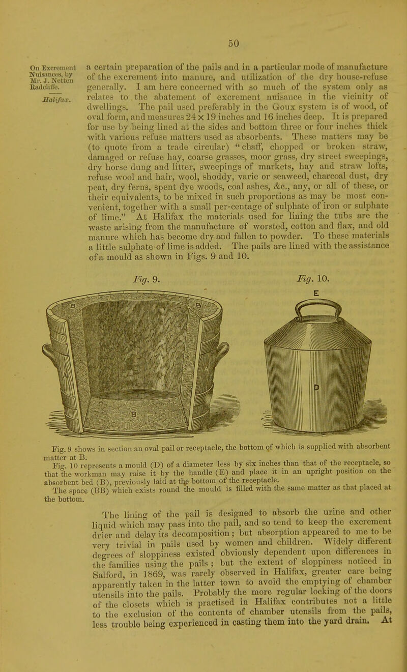 On Excromont Nuisjiiiccs, by Mr. J. Nolten KiulclilVo. Malifa.v. a certain preparation of the pails and in a particular mode of manufacture of the excrement into manure, and utilization of the dry house-i-efuse generally. I am hero concerned with so much of the system only as relates to the abatement of excrement nuisance in the vicinity of dwellings. The pail used preferably in the Goux system is of Avood, of oval form, and measures 24 X 19 inches and 16 inches deep. It is prepared for use by .being lined at the sides and bottom three or four inches thick with various refuse matters used as absorbents. These matters may be (to quote Irom a trade circular) chalf, chopped or broken straw, damaged or refuse hay, coarse grasses, moor grass, dry street pweepings, dry horse dung and litter, sweepings of markets, hay and straw lofts, refuse wool and hair, wool, shoddy, varic or seaweed, charcoal dust, dry peat, dry ferns, spent dye woods, coal ashes, &c., any, or all of these, or their equivalents, to be mixed in such proportions as may be most con- venient, together with a small per-centage of sulphate of iron or sulphate of lime. At Halifax the materials used for lining the tubs are the waste arising from the manufacture of worsted, cotton and flax, and old manure which has become dry and fallen to powder. To these materials a little sulphate of lime is added. The pails ai-e lined with the assistance of a mould as shown in Figs. 9 and 10. Fig. 9. Fig. 9 shows in section an oval pail or receptacle, tlie iDottoiii of -which is supplied v?ith absorbent matter at B. ..,,,^.1.^1 Fiff 10 represents a mould (D) of a diameter less by six mches than that of the receptacle, so that the workman may raise it by the handle (E) and place it in an upright position on the absorbent bed (B\ previously laid at t\e bottom of the receptacle. The space (BB) which exists round the mould is filled with the same matter as that placed at the bottom. The linino- of the pail is designed to absorb the urine and other liquid wbich°may pass into the pail, and so tend to keep the excrement drier and delay its decomposition; but absorption appeared to me to be very trivial in i^ails used by women and children. Widely different degrees of sloppiness existed obviously dependent upon difltrences in the families using the pails ; but the extent of sloppmess noticed in Salford, in 1869, was rarely observed in Halifax, greater care bemg apparently taken in the latter town to avoid the emptying of chamber utensils into the pails. Probably the more regular lockmg of the doors of the closets which is practised in Halifax contributes not a little to the exclusion of the contents of chamber utensils from the pails, less trouble being experienced in casting them into the yard dram. At