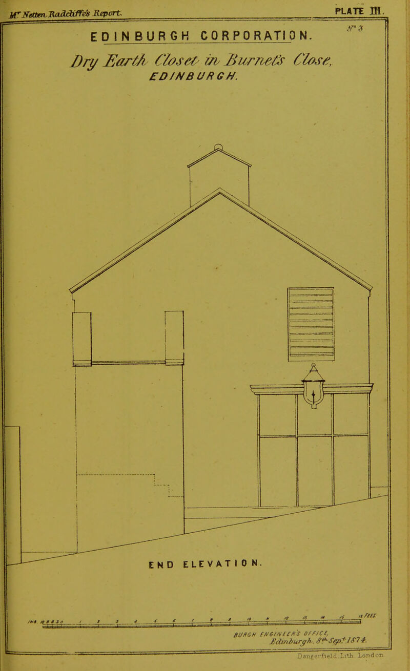 lA'Nettm.RajOictLifeJS Report PLATE IB. EDINBURGH CORPORATION. Dry JEartk Closely itv Burrtet^9 Close, ED/AfBUaGN. END ELEVATI 0 N /V* It It 3 O J * :~~itT— T- 10 BUflGK £A/e/N££f>'S OffICC, Danj-orfield.Lilh London