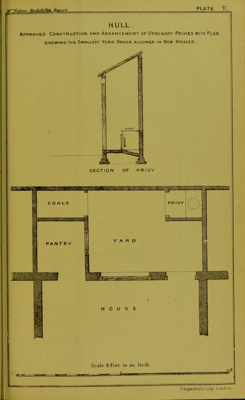 HULL. APPROVE.O Construction and Arrangement of Ordinary Privies with Plan SHOWING THE Smallest Yard Space allowed in New Houses. SECTION OF PRIVY H 0 U S t Scale 4-Feet to an Inch. Daivgerfiold.Li'Ux. London