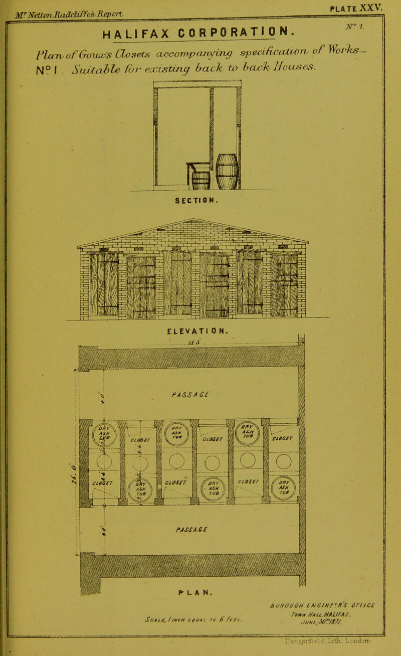 M^Ndtrri JladcUffes Mjepcrt PLftTEXXV. HALIFAX CORPORATION. N 1. l*J^Ti ofGoTAic'S Closets a<x;ompctnytrtg specificcvtUfrv of Works N° I . SmtahU for exrisUrhg hcuik to back Houses. SECTION. PLAN. ScAie, //ncH ef utI ru 6ft ri. ronfK f/Au.HALIFAX. J UN e,JOTf87/.