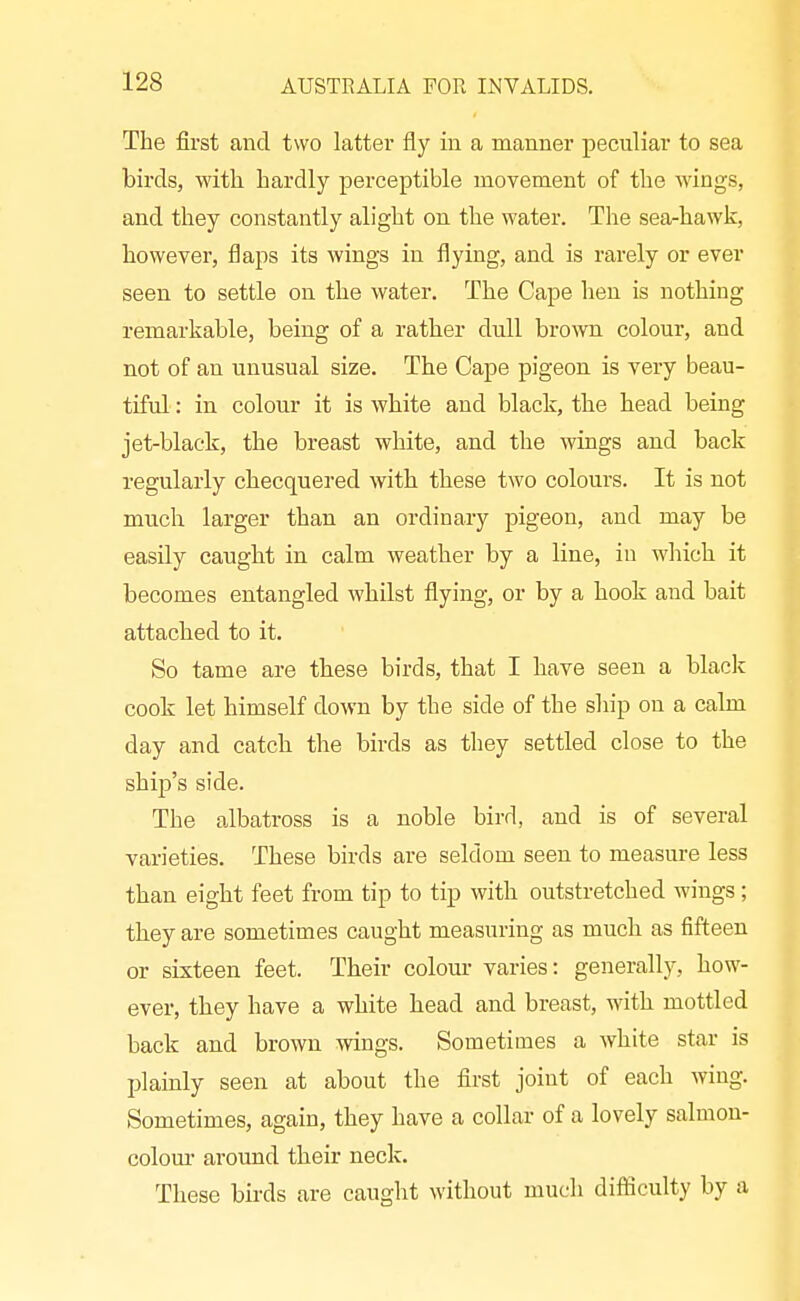 The first and two latter fly in a manner peculiar to sea birds, with hardly perceptible movement of the wings, and they constantly alight on the water. The sea-hawk, however, flaps its wings in flying, and is rarely or ever seen to settle on the water. The Cape hen is nothing remarkable, being of a rather dull brown colour, and not of an unusual size. The Cape pigeon is very beau- tiful : in colour it is white and black, the head being jet-black, the breast white, and the wings and back regularly checquered with these two colours. It is not much larger than an ordinary pigeon, and may be easily caught in calm weather by a line, in wliich it becomes entangled whilst flying, or by a hook and bait attached to it. So tame are these birds, that I have seen a black cook let himself down by the side of the ship on a calm day and catch the birds as they settled close to the ship's side. The albatross is a noble bird, and is of several varieties. These birds are seldom seen to measure less than eight feet from tip to tip with outstretched wings; they are sometimes caught measuring as much as fifteen or sixteen feet. Their colour varies: generally, how- ever, they have a white head and breast, with mottled back and brown wings. Sometimes a white star is plainly seen at about the first joint of each wing. Sometimes, again, they have a collar of a lovely salmou- colom- around their neck. These birds are caught without much difficulty by a