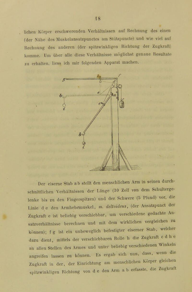 liehen Körper erschwerenden Verhältnissen auf Rechnung des einen (der Nähe des Muskelansatzpunctes am Sliilzpuncle) und wie viel auf Rechnung des anderen (der spilzwinkhgen Richtung der Zugkraft) komme. Um über alle diese Verhältnisse möglichst genaue Resultate zu erhalten, liess ich mir folgenden Apparat machen. Der eiserne Stab ab stellt den menschlichen Arm in seinen durch- schnittlichen Verhältnissen der Länge (30 Zoll von dem Schulterge- lenke bis zu den Fingerspitzen) und der Schwere (5 Pfund) vor, die Linie de den Armhebemuskel, m. deltoideus, (der Ansatzpunct der Zugkraft e ist beliebig verschiebbar, um verschiedene gedachte An- satzverhältnisse berechnen und mit dem wirklichen vergleichen zu können); fg ist ein unbewegUch befestigter eiserner Stab, welcher dazu dient, mittels der verschiebbaren Rohe h die Zugkraft c d h e an allen Stellen des Armes und unter beüebig verschiedenen Winkeln angreifen lassen zu können. Es ergab sich nun, dass, wenn die Zugkraft in der, der Einrichtung am menschlichen Körper gleichen spitzwinkligen Richtung von d e den Arm a b erfassle. die Zugkraft