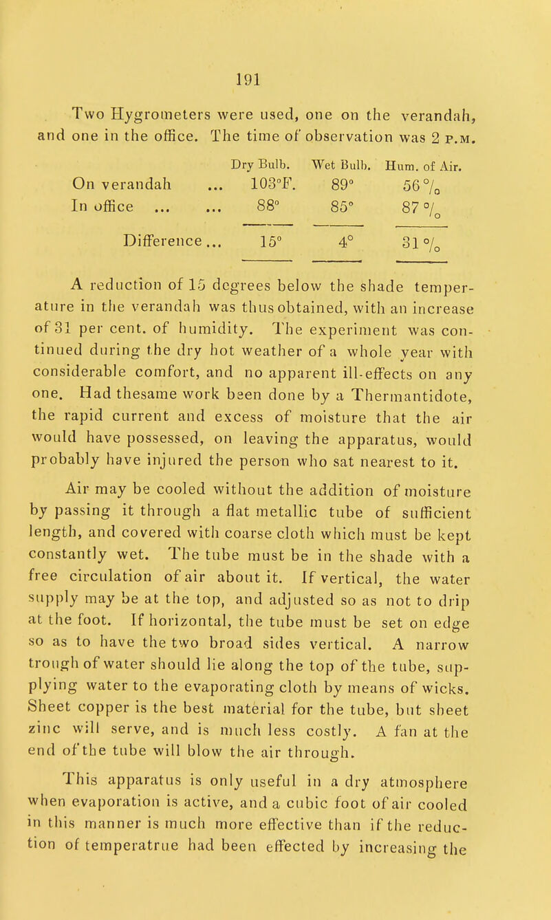 Two Hygrometers were used, one on the verandah, and one in the office. The time of observation was 2 p.m. Dry Bulb. Wet Bulb. Hum. of Air. On verandah 103°F. 89° 56 °l la In office 88° 85° 87 °/o Difference ... 15° 4° 31 % A reduction of 15 degrees below the shade temper- ature in the verandah was thus obtained, with an increase of 31 per cent, of humidity. The experiment was con- tinued during the dry hot weather of a whole year with considerable comfort, and no apparent ill-effects on any one. Had thesame work been done by a Thermantidote, the rapid current and excess of moisture that the air would have possessed, on leaving the apparatus, would probably have injured the person who sat nearest to it. Air may be cooled without the addition of moisture by passing it through a flat metallic tube of sufficient length, and covered with coarse cloth which must be kept constantly wet. The tube must be in the shade with a free circulation of air about it. If vertical, the water supply may be at the top, and adjusted so as not to drip at the foot. If horizontal, the tube must be set on edge so as to have the two broad sides vertical. A narrow trough of water should lie along the top of the tube, sup- plying water to the evaporating cloth by means of wicks. Sheet copper is the best material for the tube, but sheet zinc will serve, and is much less costly. A fan at the end of the tube will blow the air through. This apparatus is only useful in a dry atmosphere when evaporation is active, and a cubic foot of air cooled in this manner is much more effective than if the reduc- tion of temperatrue had been effected by increasing the