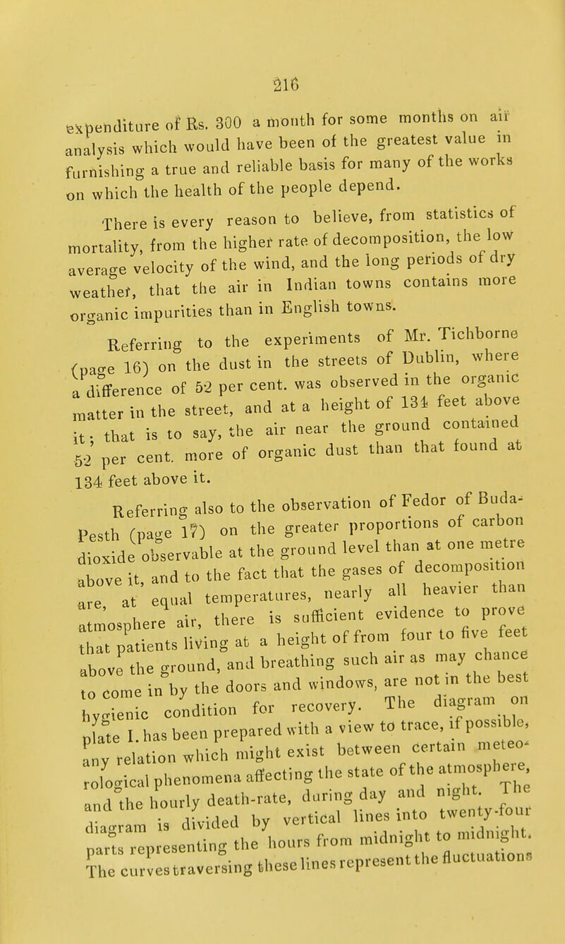 expenditure of Rs. 300 a month for some months on air analysis which would have been of the greatest value in furnishing a true and reliable basis for many of the works on which the health of the people depend. There is every reason to believe, from statistics of mortality, from the higher rate of decomposition the low average velocity of the wind, and the long periods of dry weather, that the air in Indian towns contains more organic impurities than in English towns. & Referring to the experiments of Mr. Tichborne <We 16) on the dust in the streets of Dublin, where a difference of 52 per cent, was observed in the organic latter in the street, and at a height of 134 feet above it; that is to say, the air near the ground contained 5.2 per cent, more of organic dust than that found at 134 feet above it. Referring also to the observation of Fedor of BuoV Pesth (page 1?) on the greater proportions of carbon dioxide observable at the ground level than at one metre above it, and to the fact that the gases of decomposer. t aequal temperatures, nearly all heav.er than a mosphere air, there is sufficient evidence to prove th!t patients living at a height of from four to five feet above ground, and breathing such air as may chance o come in by the doors and windows, are not w the best to come in 7 recovery The diagram on hvtrienic condition toi recovery. i e Ite I. has been prepared with a view to trace, if possible, a y relation which might exist between certain meteo- oTogical phenomena affecting the state of t e atmosphere, and the hourly death-rate, during day and n.gl.t The am is dfvided by vertical lines into twen y-four The curves traversing these lines i epi eseni