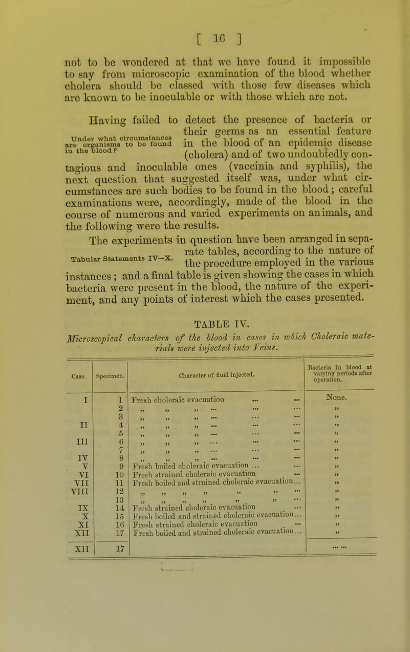 not to be wondered at that we have found it impossible to say from microscopic examination of the blood whether cholera should be classed with those few diseases which are known to be inoculable or with those which are not. Having failed to detect the presence of bacteria or their germs as an essential feature MYnorKa^BmBCitou^8tftSmd in the blood of an epidemic disease in the Sicca p (cholera) and of two undoubtedly con- tagious and inoculable ones (vaccinia and syphilis), the next question that suggested itself was, under what cir- cumstances are such bodies to be found in the blood ; careful examinations were, accordingly, made of the blood in the course of numerous and varied experiments on animals, and the following were the results. The experiments in question have been arranged in sepa- rate tables, according to the nature of Tabular statements iv-x. the edure employed in the various instances; and a final table is given showing the cases in which bacteria were present in the blood, the nature of the experi- ment, and any points of interest which the cases presented. TABLE IV. Microscopical characters of the blood in cases in which Choleraic mate- rials were injected into Veins. Case. Specimen. I 1 2 3 II 4 5 III 6 7 IV 8 V 9 VI 10 VII 11 VIII 12 13 IX 14 X 15 XI 16 XII 17 XII 17 Character of fluid injected. Fresh choleraic evacuation Fresh boiled choleraic evacuation ... Fresh strained choleraic evacuation _ . Fresh boiled and strained choleraic evacuation. » >j »> « .  . Fresh strained choleraic evacuation . Fresh boiled and strained choleraic evacuation. Fresh strained choleraic evacuation Fresh boiled and strained choleraic evacuation. Bacteria in blood at varying periods after operation. None.