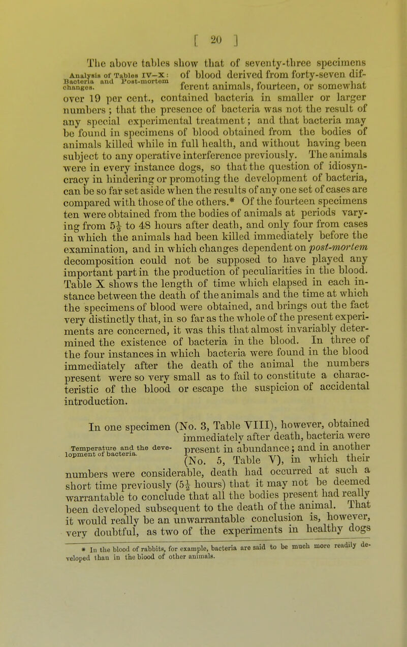 The above tables show that of seventy-three specimens Analysis of Tables IV—X of blood derived from forty-seven dif- Bacteria and Post-mortem «, . . •, „ .  -u„i. changes. ierent animals, fourteen, or somewhat over 19 per cent., contained bacteria in smaller or larger numbers ; that the presence of bacteria was not the result of any special experimental treatment; and that bacteria may be found in specimens of blood obtained from the bodies of animals killed while in full health, and without having been subject to any operative interference previously. The animals were in every instance dogs, so that the question of idiosyn- cracy in hindering or promoting the development of bacteria, can be so far set aside when the results of any one set of cases are compared with those of the others.* Of the fourteen specimens ten were obtained from the bodies of animals at periods vary- ing from 5| to 48 hours after death, and only four from cases in which the animals had been killed immediately before the examination, and in which changes dependent on post-mortem decomposition could not be supposed to have played any important part in the production of peculiarities in the blood. Table X shows the length of time which elapsed in each in- stance between the death of the animals and the time at which the specimens of blood were obtained, and brings out the fact very distinctly that, in so far as the whole of the present experi- ments are concerned, it was this that almost invariably deter- mined the existence of bacteria in the blood. In three of the four instances in which bacteria were found in the blood immediately after the death of the animal the numbers present were so very small as to fail to constitute a charac- teristic of the blood or escape the suspicion of accidental introduction. In one specimen (No. 3, Table VIII), however, obtained immediately after death, bacteria were Temperature and the deve- present in abundance i and in another 10pment of bacteria. 1^ ^ ^ fa ^ numbers were considerable, death had occurred at such a short time previously (5^ hours) that it may not be deemed warrantable to conclude that all the bodies present had really been developed subsequent to the death of the animal. That it would really be an unwarrantable conclusion is, however, very doubtful, as two of the experiments in healthy dogs * In the blood of rabbits, for example, bacteria are said to be much more readily de- veloped than in the blood of other animals.